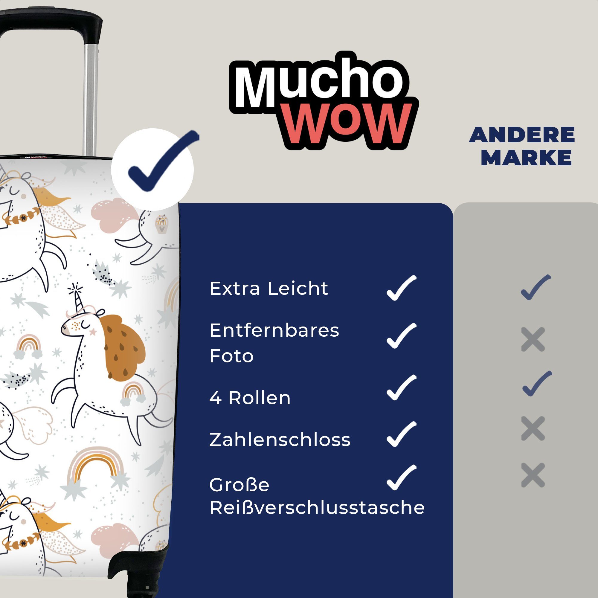 Handgepäckkoffer mit Reisetasche MuchoWow Einhorn Rollen, rollen, Handgepäck Reisekoffer für - - Regenbogen, Ferien, Trolley, Muster 4