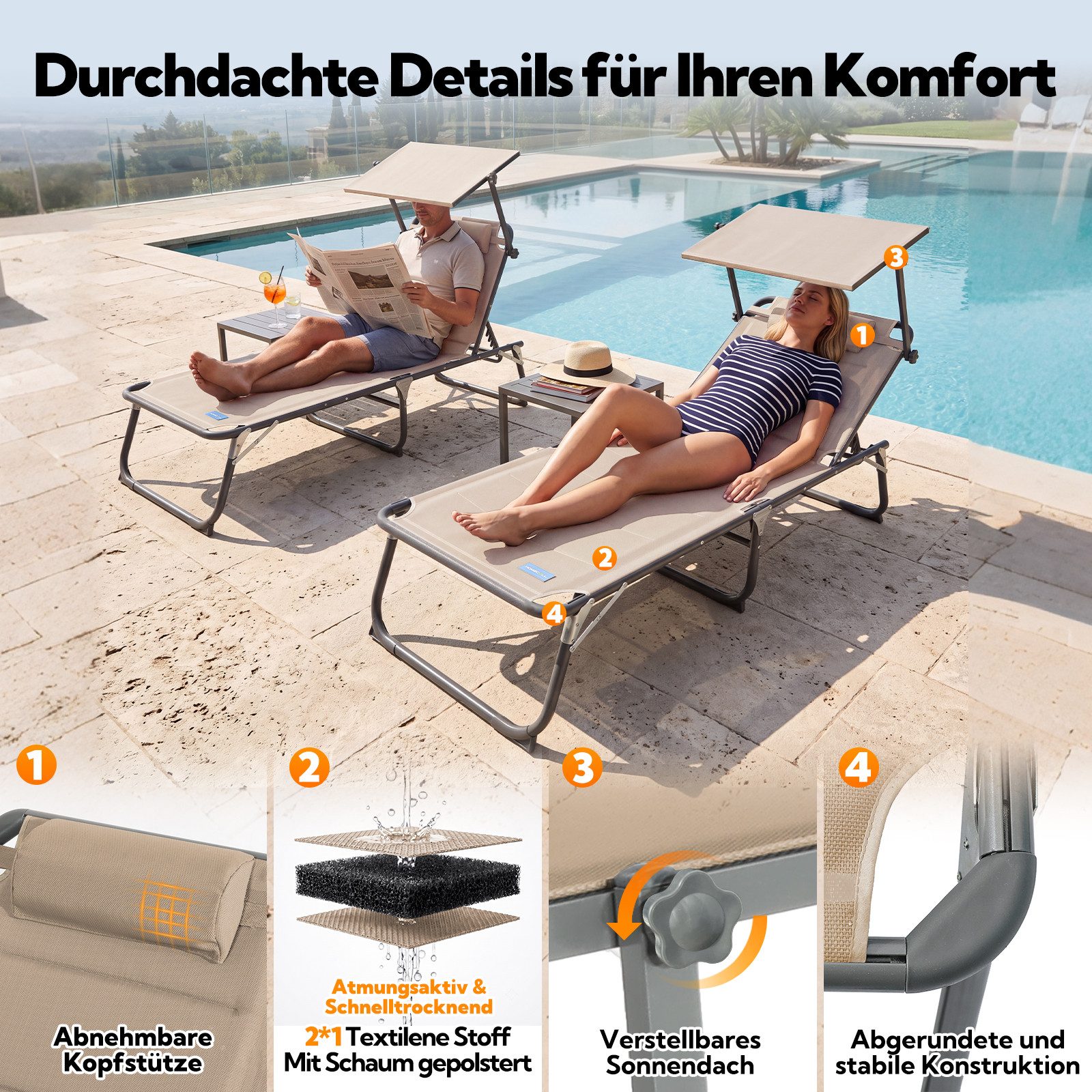 HOMECALL Gartenliege Sonnenliege AluLiege Liegestuhl Strandliege Liegen wetterfest, klappbar, Textilene Mit Dickemschnelltrocknende Schaumstoffpolsterung, Verst – Bild 5 von 5