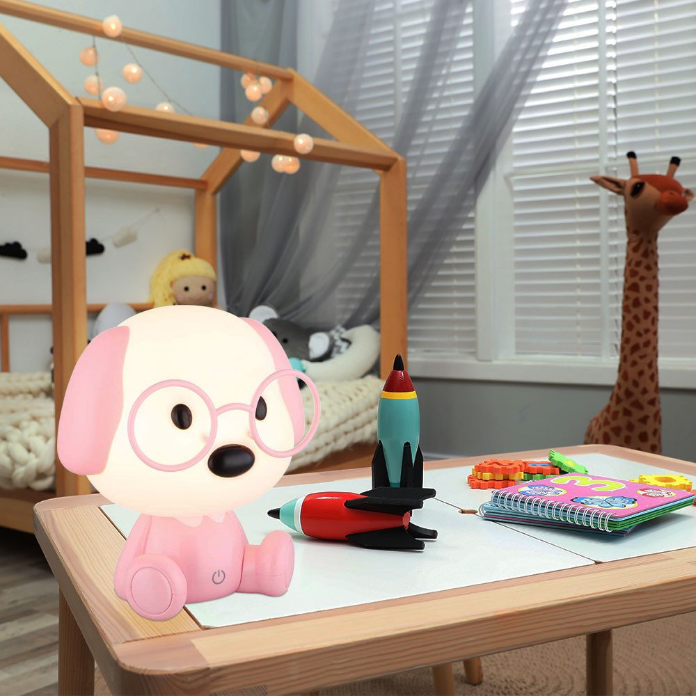 GLOBO LIGHTING LED Nachtlicht, LED-Leuchtmittel fest verbaut, Warmweiß, Tischlampe Nachttischleuchte Kinderlampe Hund pink Touchdimmer LED