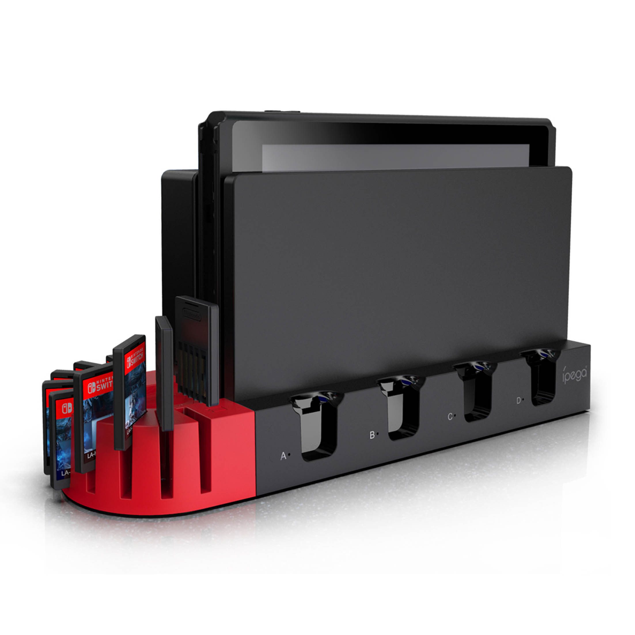 KINSI Ladestation kompatibel mit Nintendo Original/OLED, Switch Zubehör Controller-Ladestation (4 Ladeschächte, 9 Spielkartenschächte)