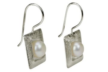 SILBERMOOS Perlenohrringe Quadratische Ohrhänger mit Perle, 925 Sterling Silber