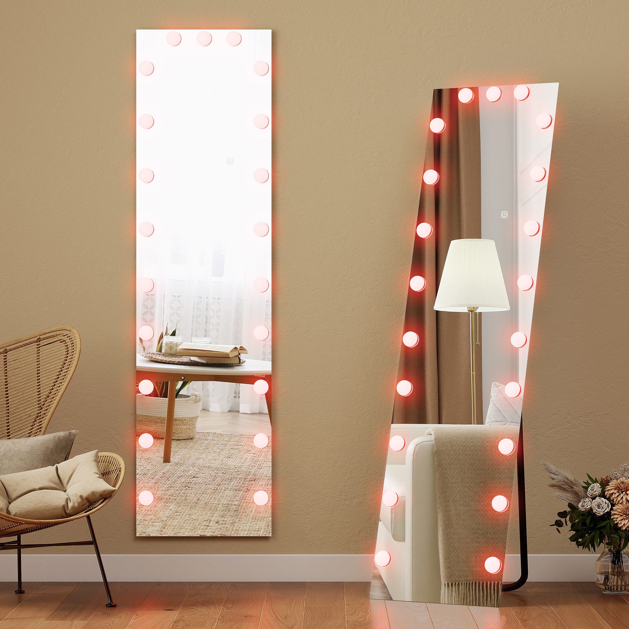 HOMCOM Standspiegel mit 21 Glühbirnen, 7 Lichtfarbe, Touch-Schalter, Memory-Funktion (Stehspiegel, 1-St., Wandspiegel), für Wohnzimmer, Schlafzimmer, Transparent