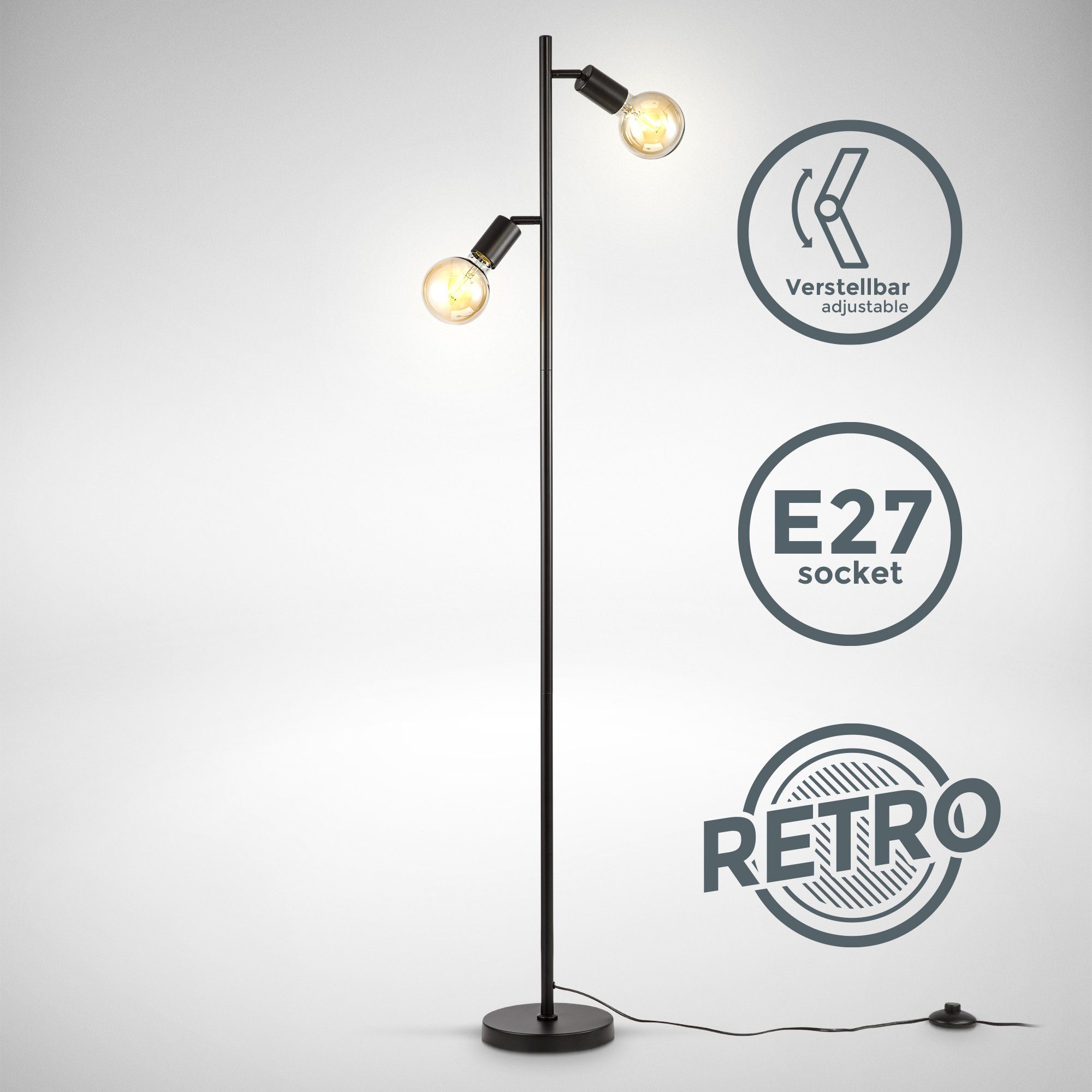 ohne E27, Retro, schwenkbar, Stehlampe, Fußschalter, Stehleuchte, B.K.Licht Metall Leuchtmittel, 2-flammig,