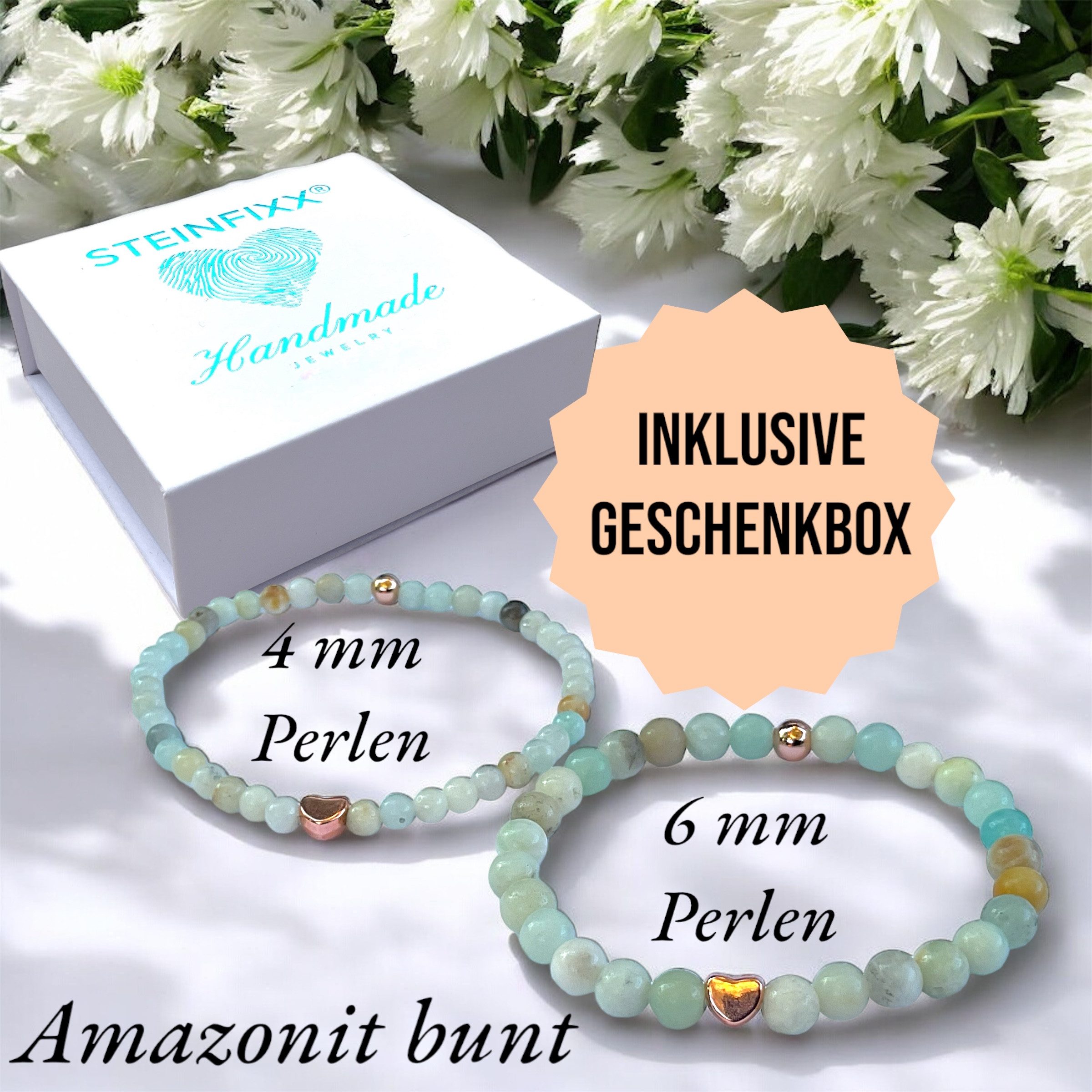 Steinfixx® Perlenarmband Edelstein Perlenarmband aus buntem Amazonit rosèvergoldet (rosègold plattierte Elemente, 1-tlg., Energieschmuck, in edler Geschenkbox), mit Liebe Handmade in Germany, Natursteinperlen