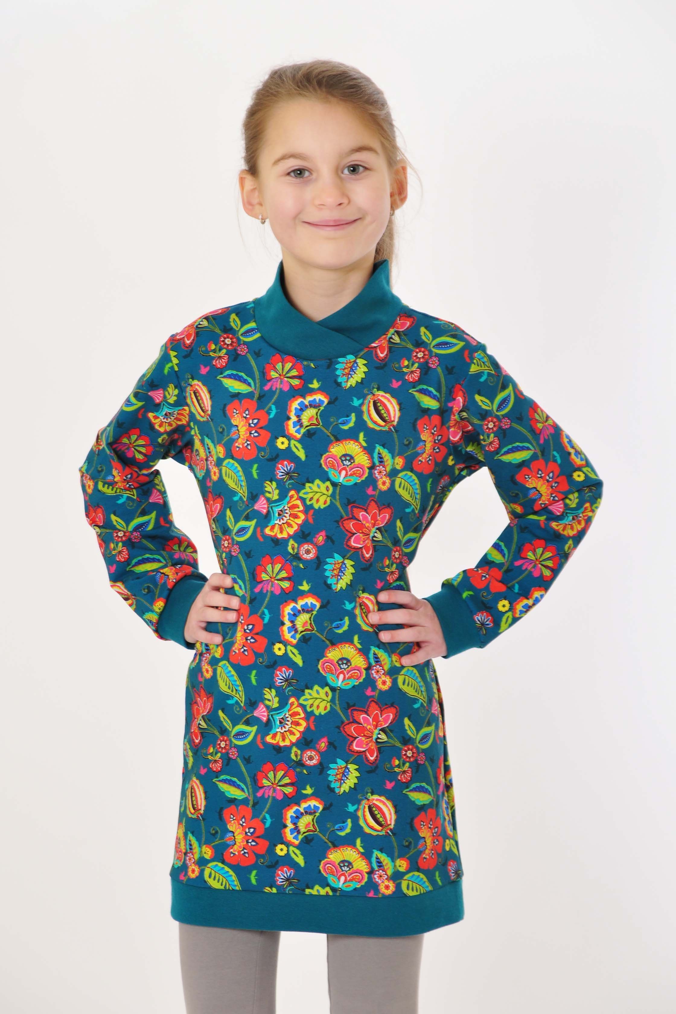 coolismo Sweatkleid Sweatshirt Motivdruck für europäische Mädchen mit Produktion coole Kleid petrol Blumen