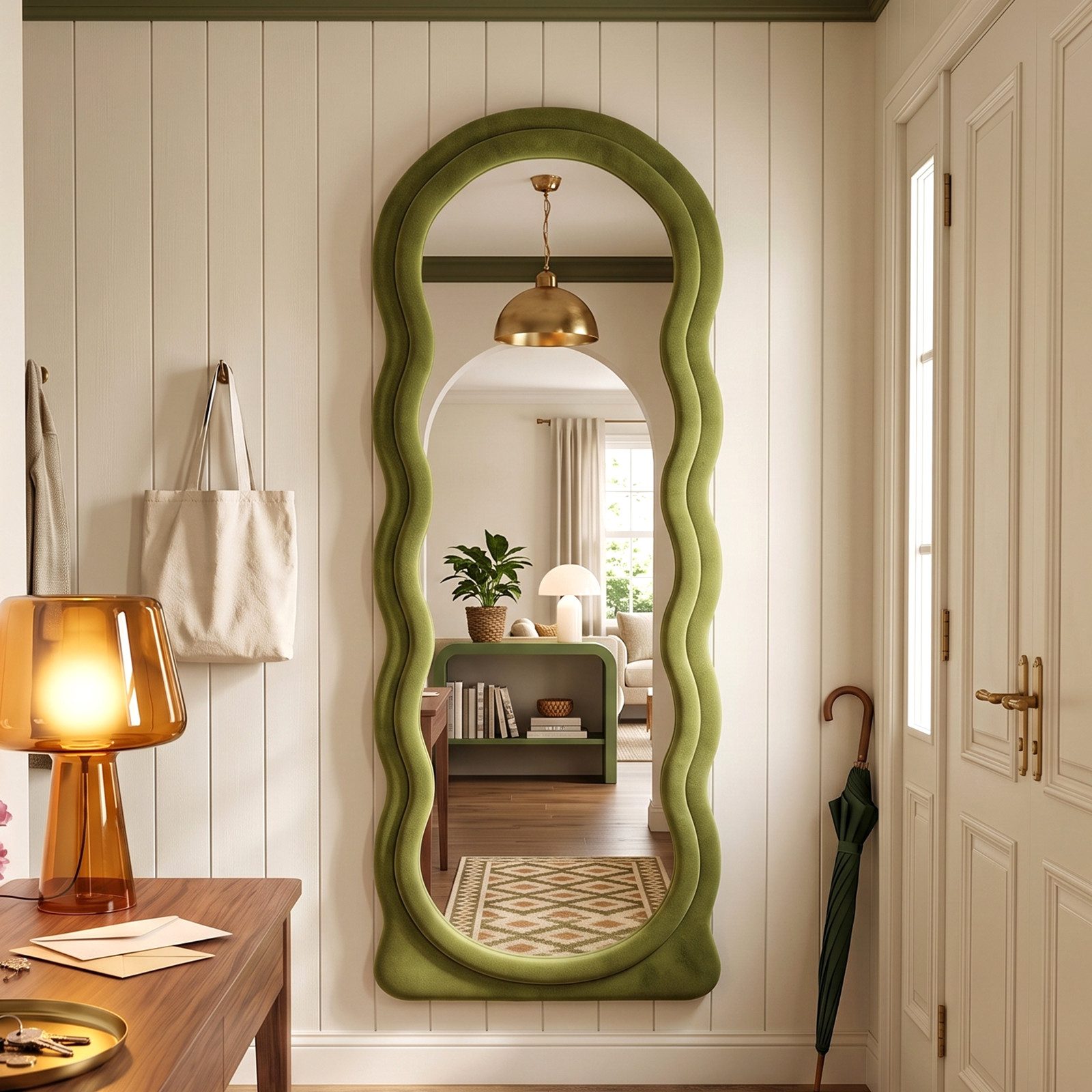 LUNAMIRROR Ganzkörperspiegel im gewellte Form, Samtbezug, Holzrahmen (1-St), stehend & hängend, 160x60 cm, Weiß/Beige/Grün/Rosa – Bild 2 von 5