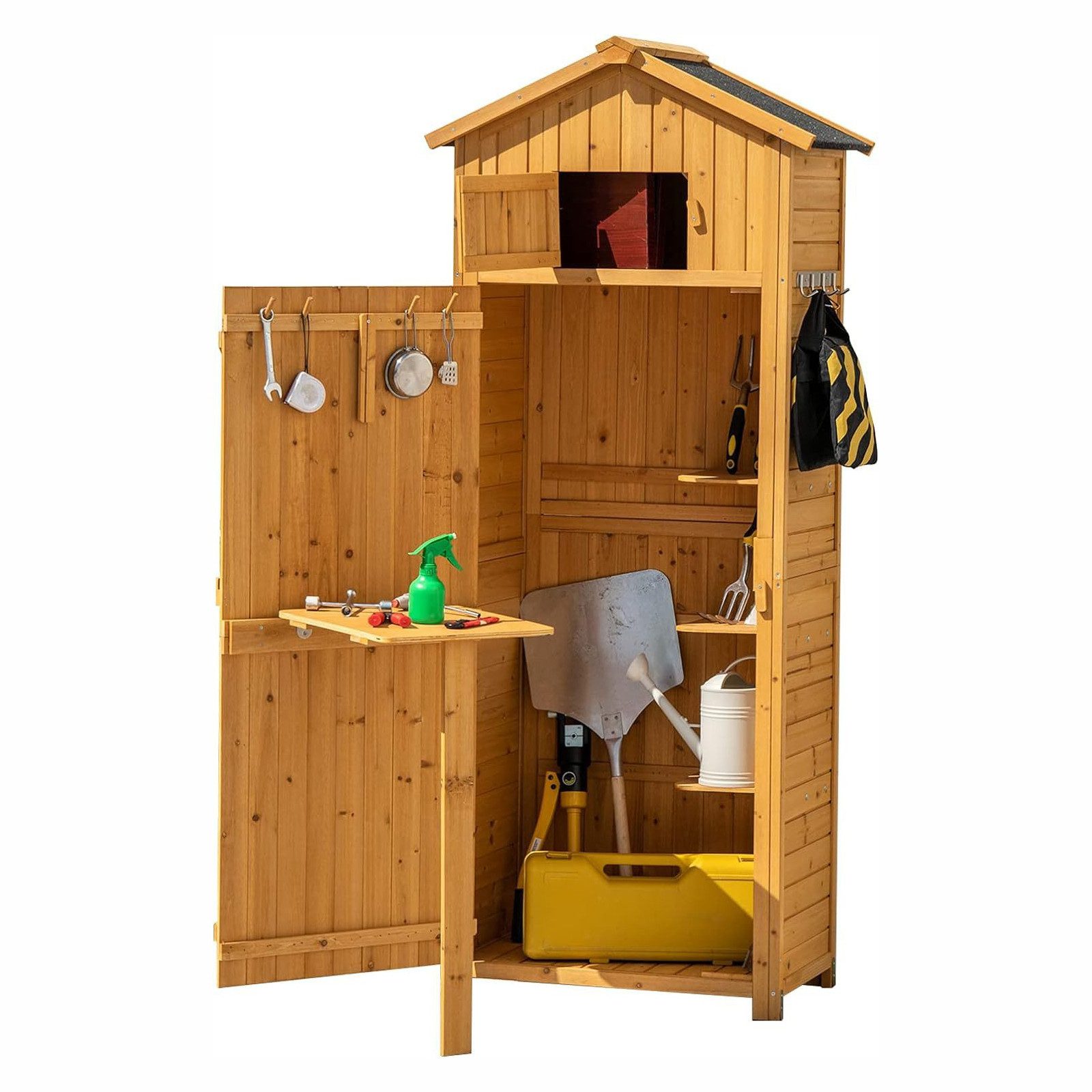 KOMFOTTEU Gerätehaus Gartenschrank, mit Ablagen & 8 Haken, 70 x 35,5 x 176cm