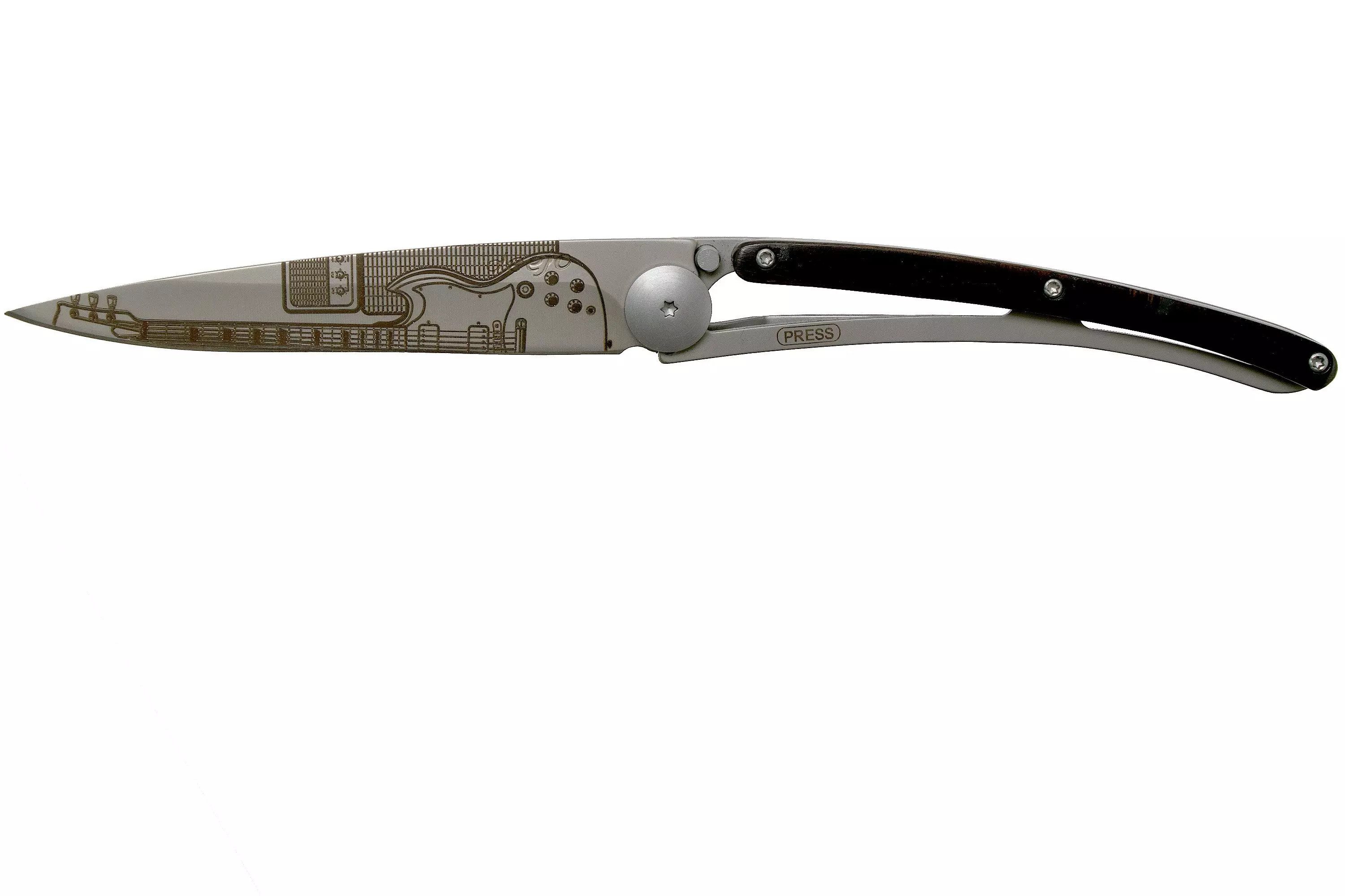 Deejo Taschenmesser ? Klappmesser 37g ? Edelstahl ? Holzgriff ? Rock?n?Roll Gravur