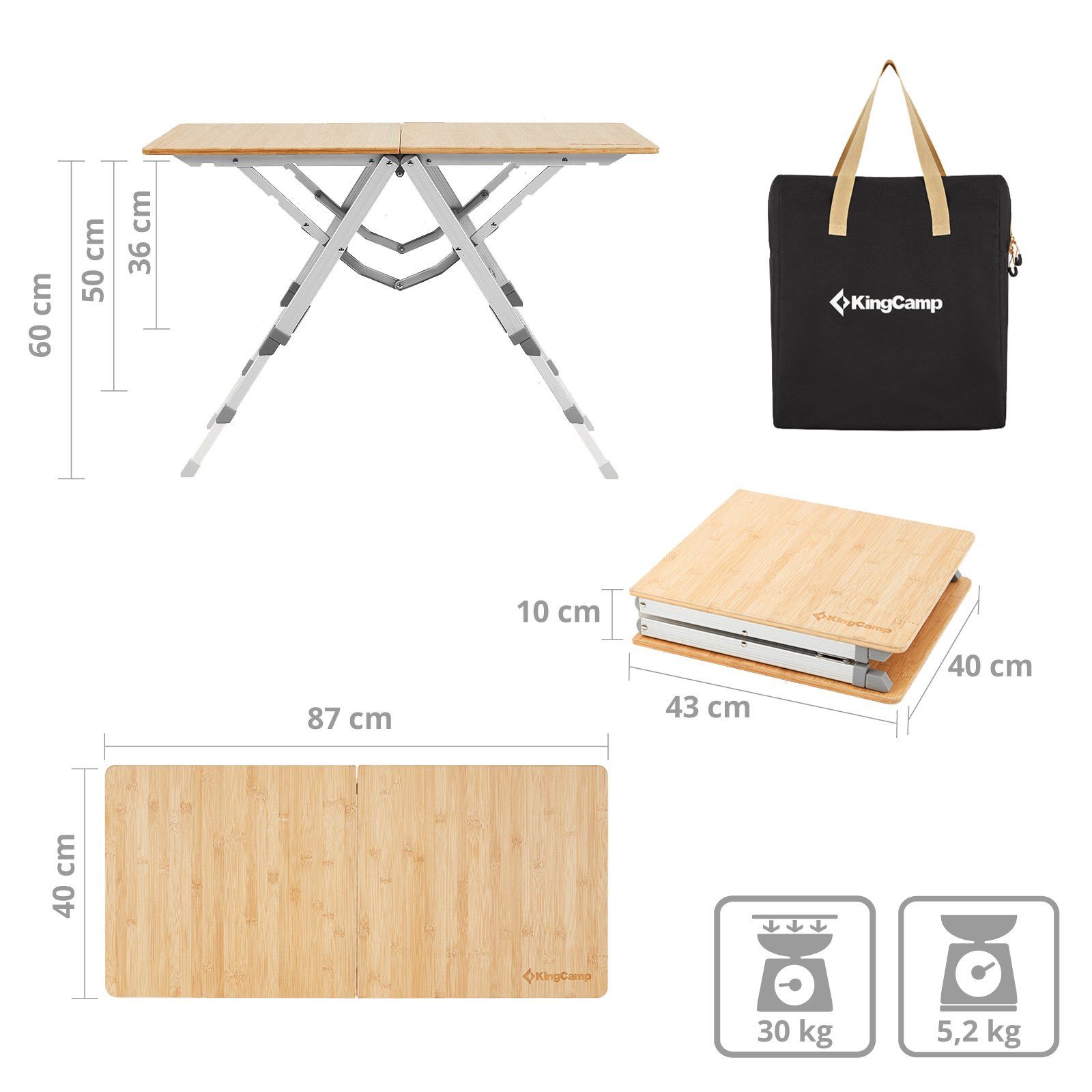 KingCamp Campingtisch Campingtisch Bamboo Duo Klapptisch - Camping Tisch