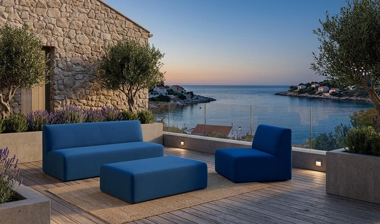 Xlmoebel Gartenlounge-Set Bequemer blauer Stoff-Sessel mit Couchtisch im modernen Stil, (1-tlg), Made in Europa