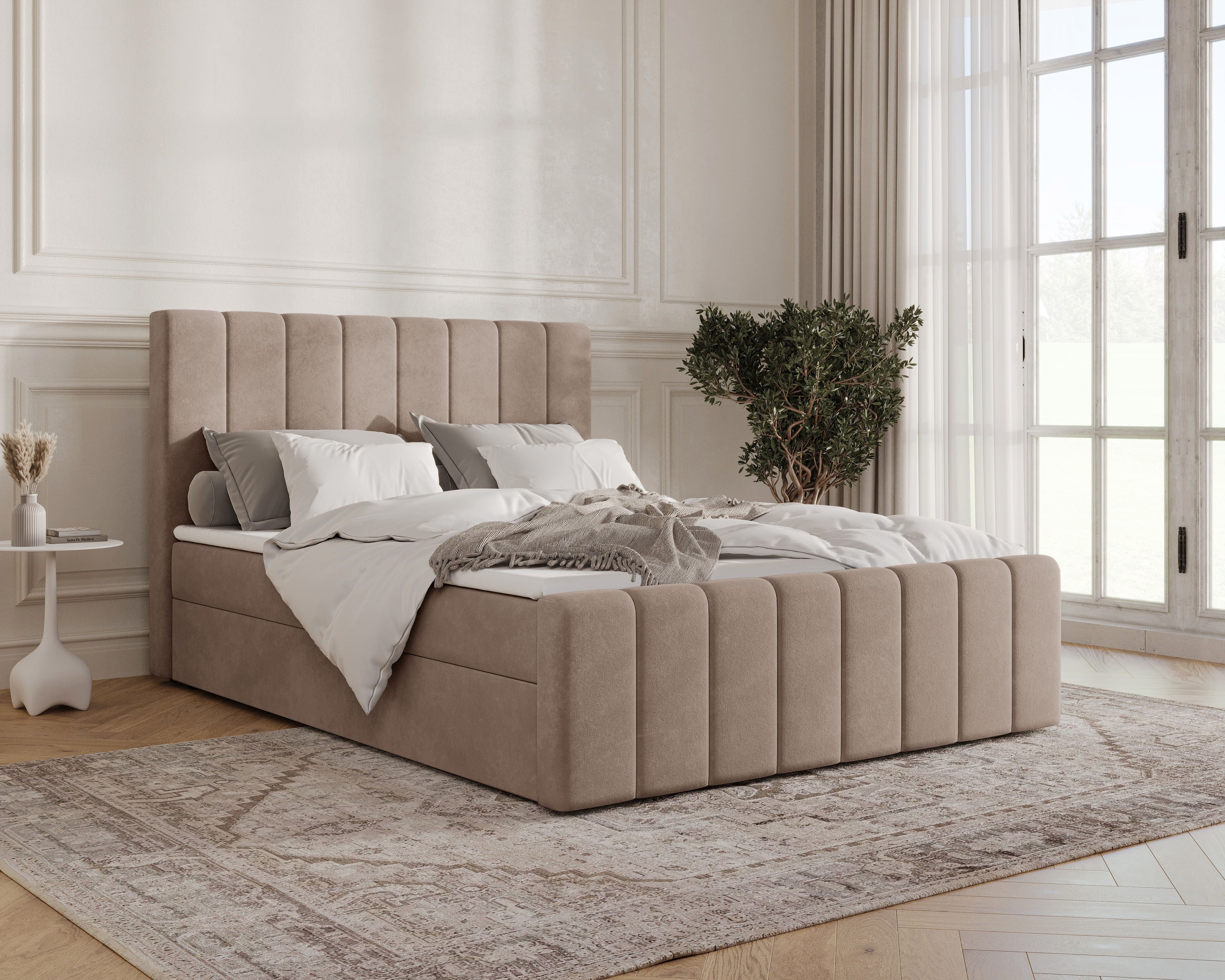 MOEBLO Boxbett BETT 01 BIS (Bonell, Topper, modernes Velours-Design mit Steppung & Stauraum, Doppelbett gepolstertes Kopfteil mit Bettkasten, aus Samt, Polsterbett Kontinentalbett, dekorativem Kopfteil, aus Samt), - (BxHxT):144/164/184x113x223 cm