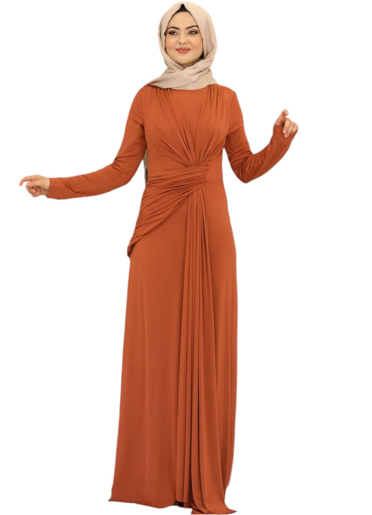 fashionshowcase Abendkleid Damen Elegantes Maxikleid - Modest Fashion, Hijab-freundlich Hochgeschlossener Kragen, Drapierung an der Taille