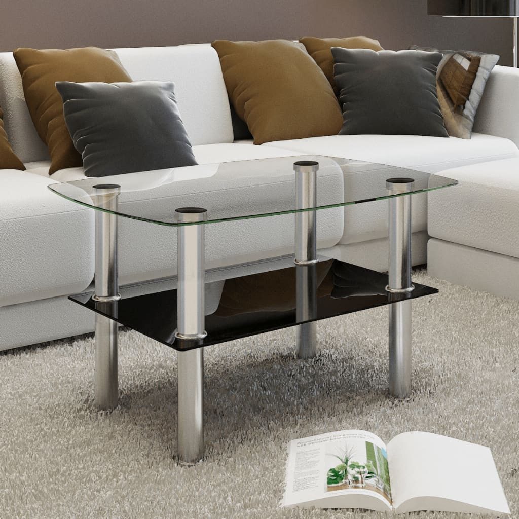 furnicato Couchtisch Glas 65 x 45 x 43 cm in Transparent und Schwarz (1-St), Wohnzimmertisch mit Ablage und stabilen Beinen aus Edelstahl
