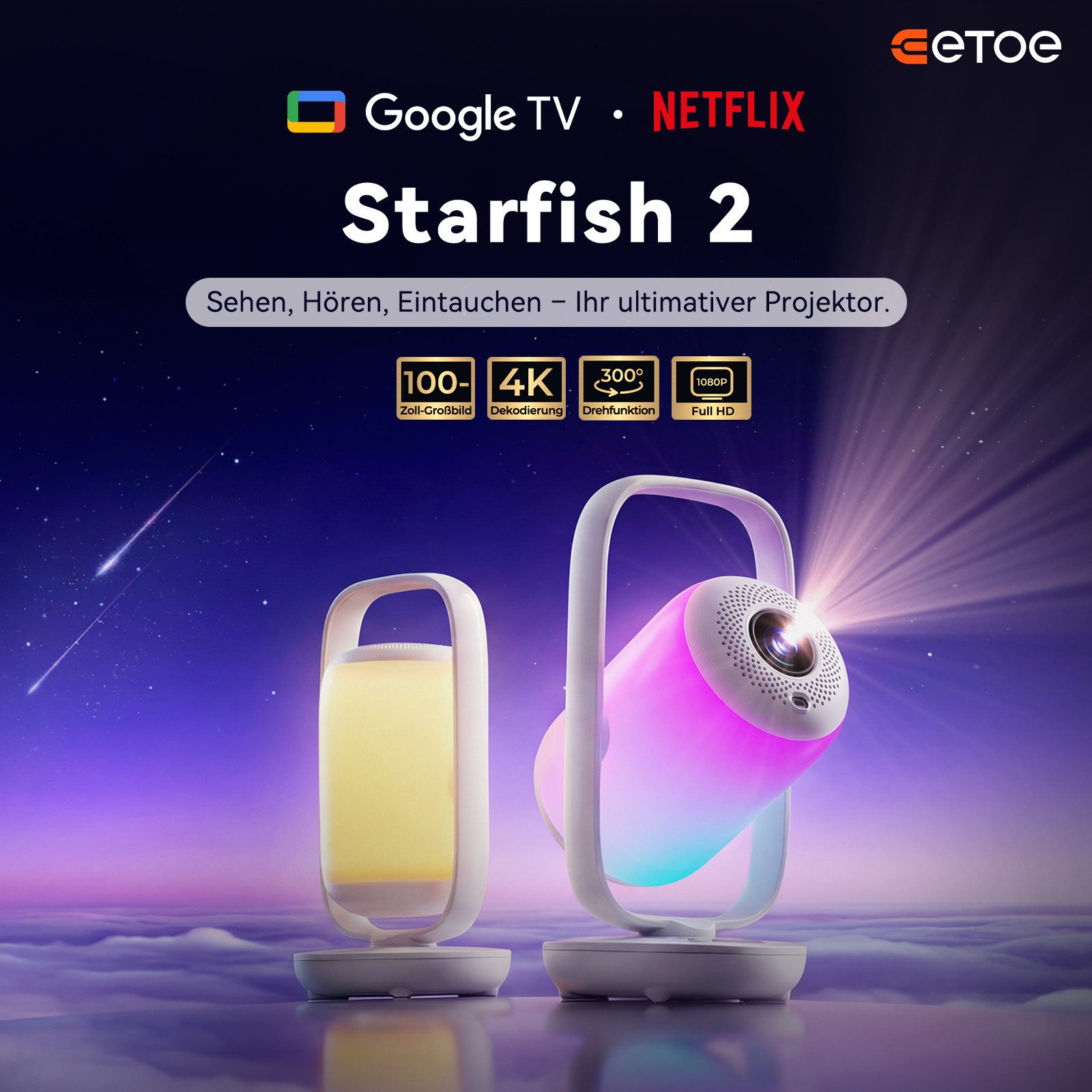 ETOE Starfish 2 LCD-Beamer (3000:1, 1920×1080 px, 1080p Full HD, 4K-Dekodierung, 500 ANSI-Lumen, Google TV mit Netflix) weiß