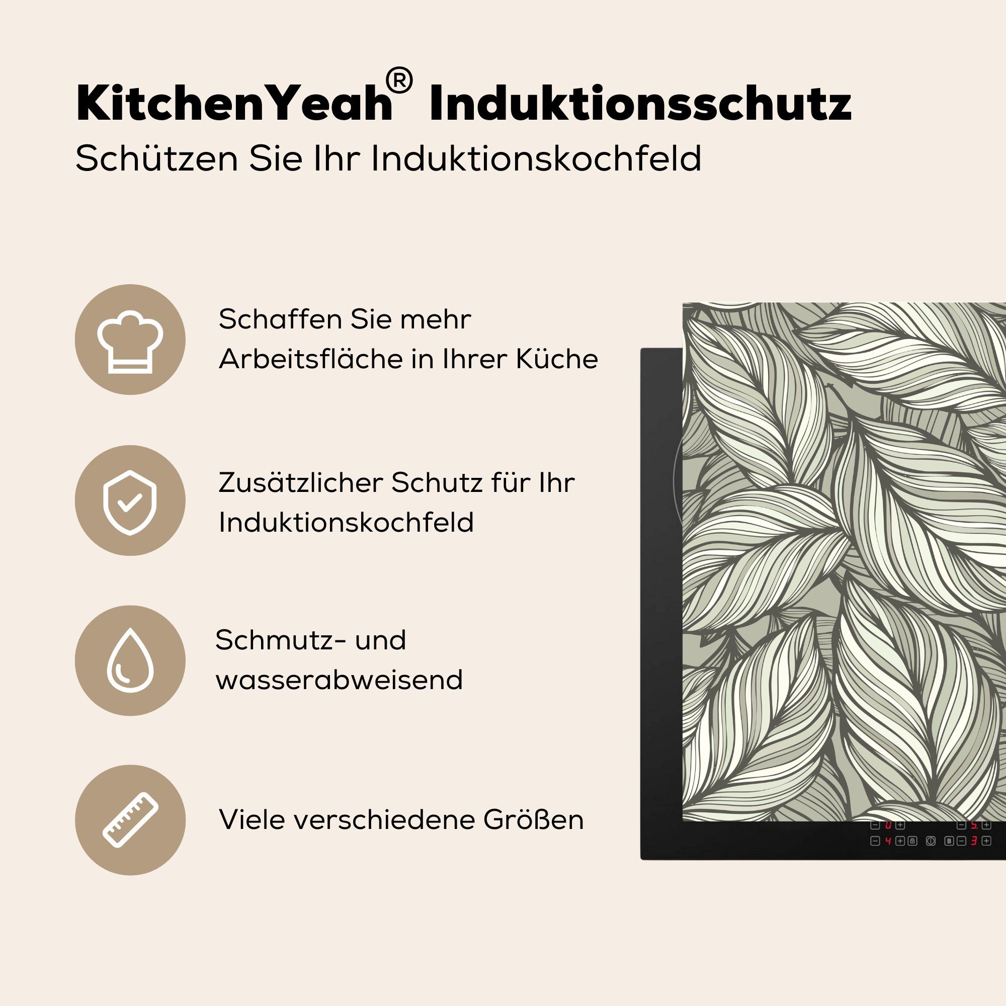 Natur MuchoWow küche cm, Herdblende-/Abdeckplatte Arbeitsplatte Vinyl, - 78x78 - (1 Muster tlg), Blätter, für Ceranfeldabdeckung,