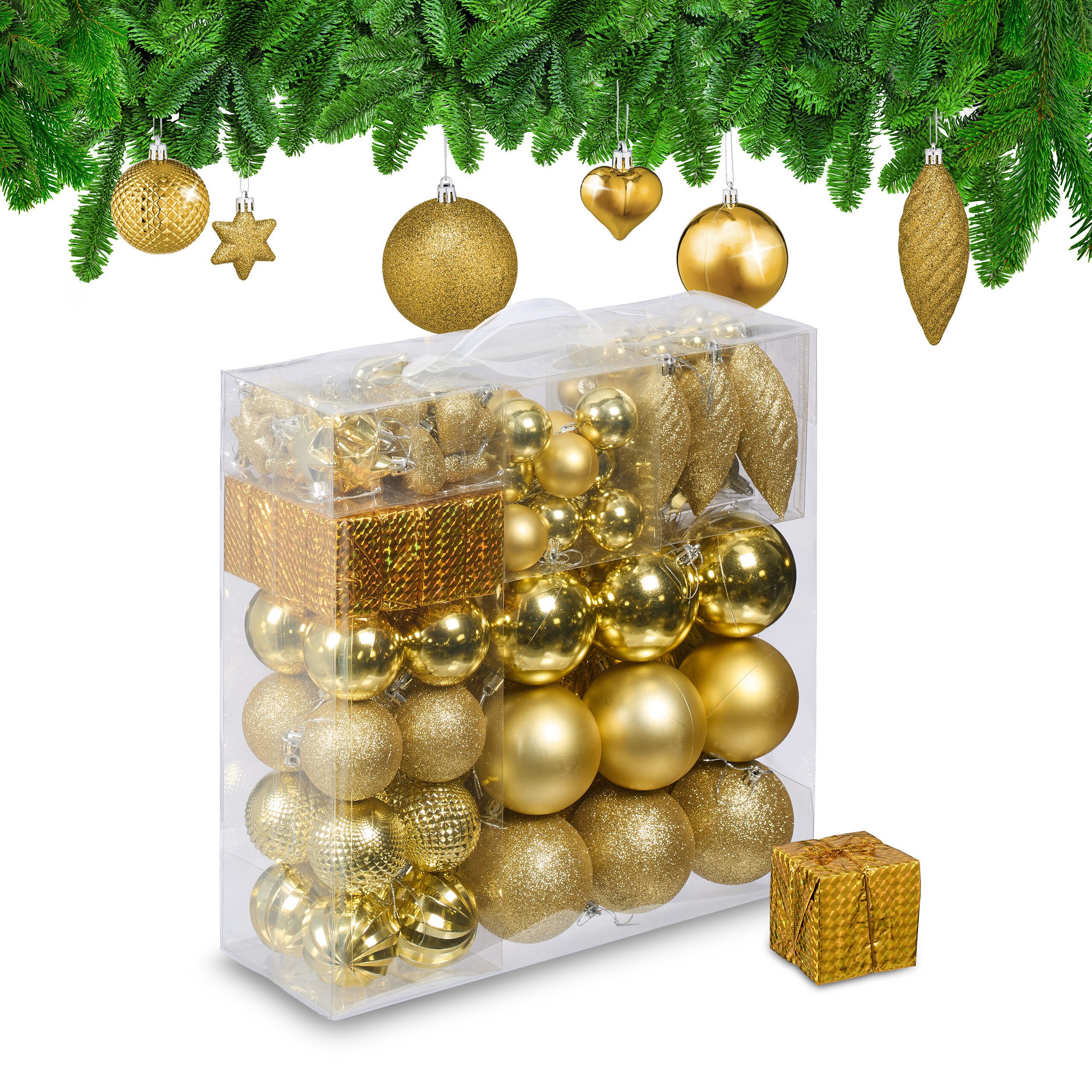 relaxdays Weihnachtsbaumkugel Weihnachtskugeln im 110er Set, gold