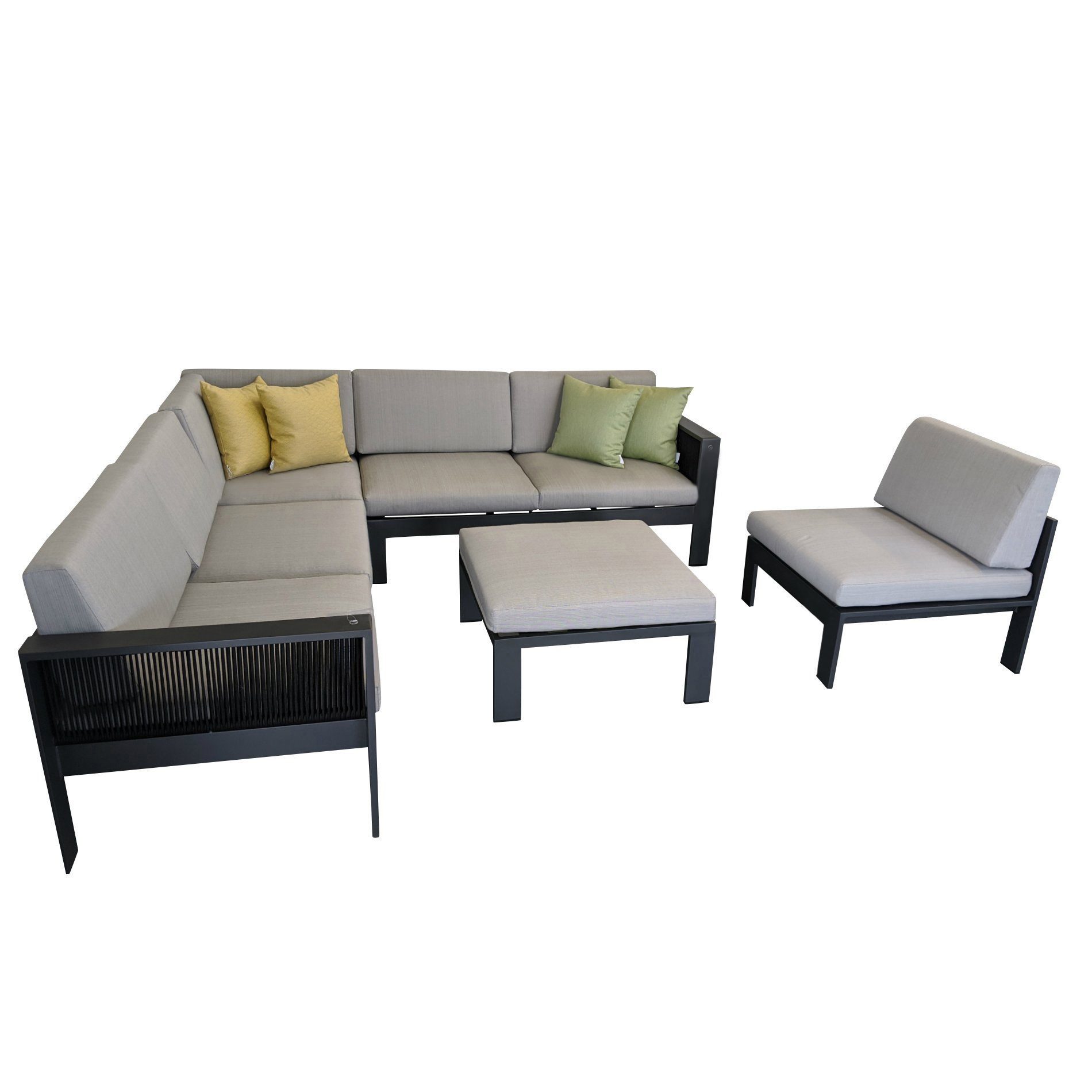 Jati & Kebon Gartenlounge-Set Miray, Ecklounge-Set, Garten-Set, (2-Sitzer Seitenteil rechts & links, Eckteil, Mittelteil, Loungehocker, 5-tlg), für 5 Personen, Rope-Bespannung, inkl. Olefin-Polsterauflagen