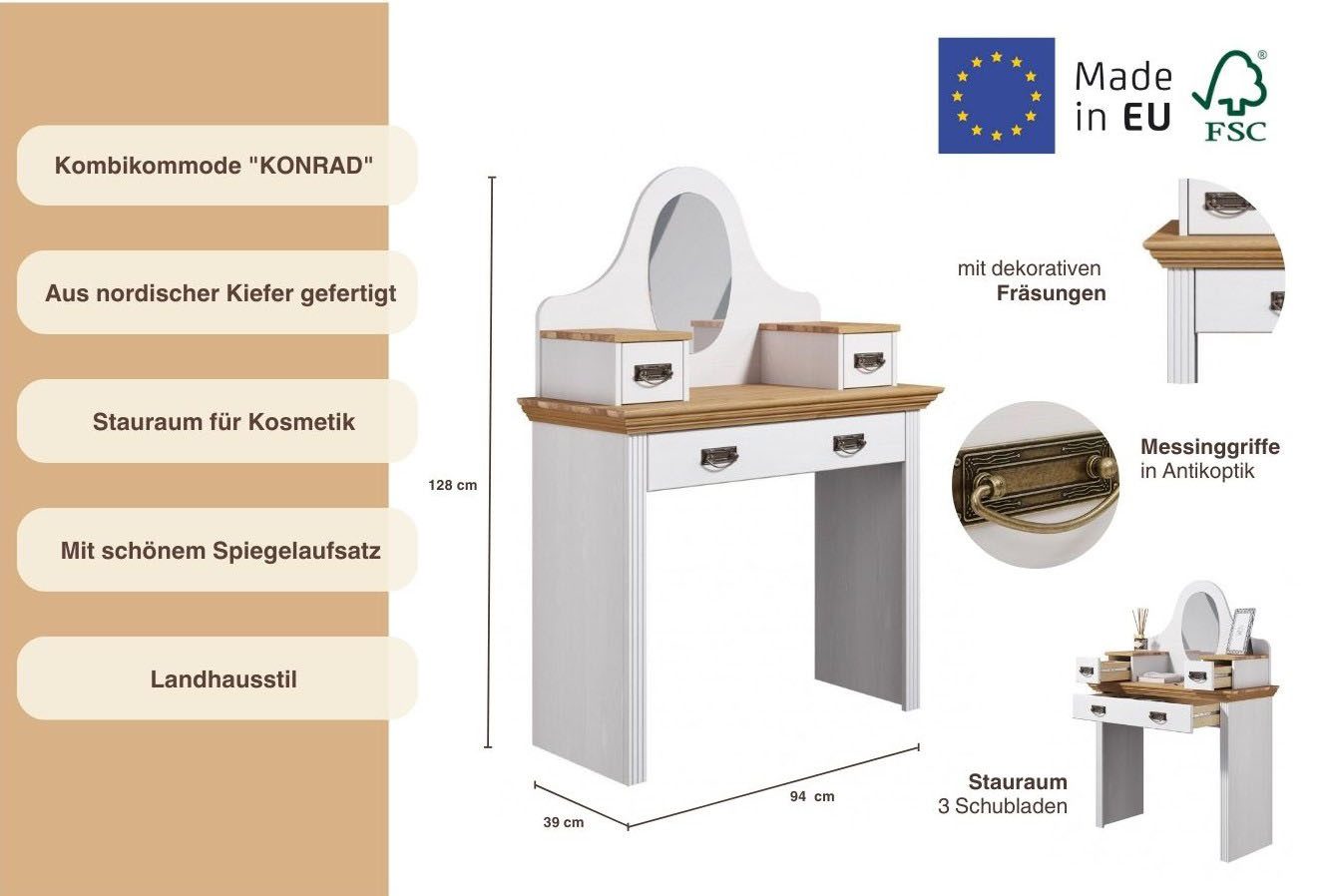 OTTO home Schminktisch Konrad, aus massiver Kiefer, mit Spiegel und viel Stauraum