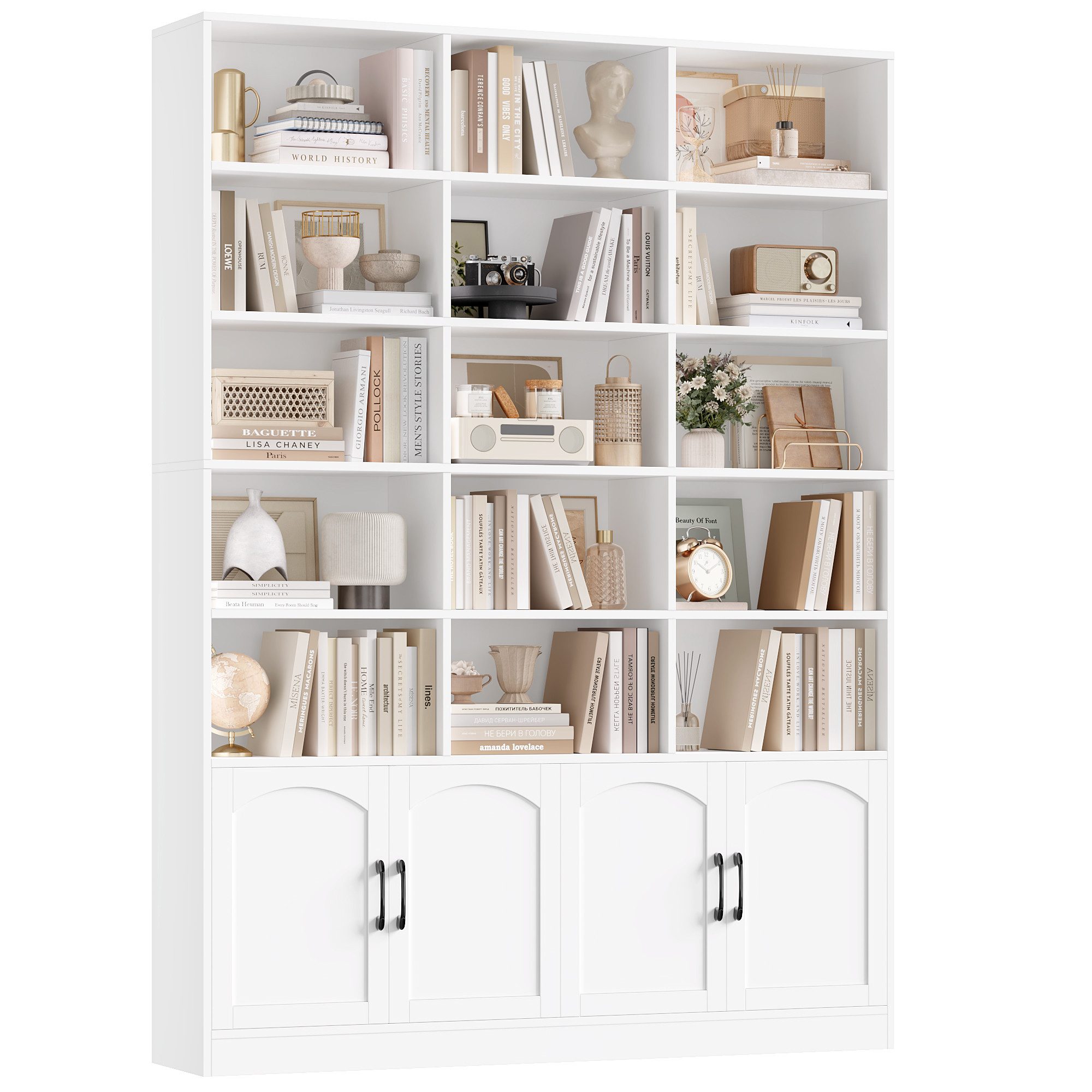 Homfa Bücherregal 209cm Bücherschrank Hochschrank Raumteiler Standregal, mit 15 offenen Fächern und 4 Türen, Holz, 150x23,7x209 cm, Weiß