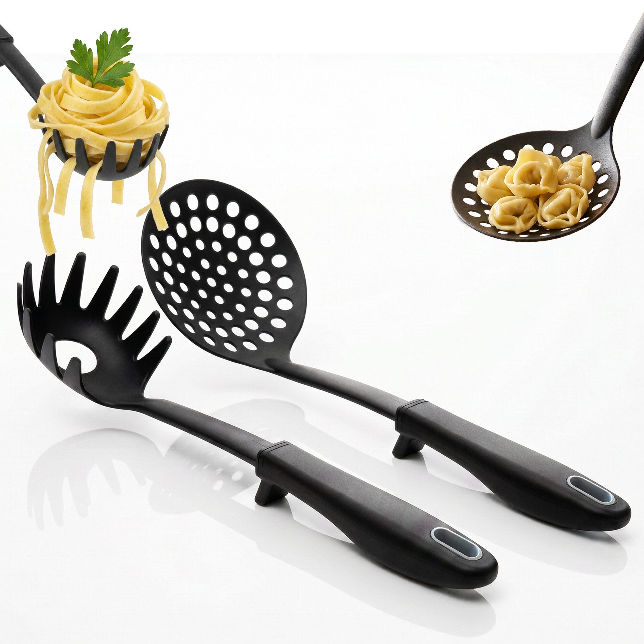 Hausfelder Kochlöffel Schaumlöffel Spaghettilöffel Set, Schwarz, 2er Set zum Kochen und Servieren, Hitzebeständig, BPA-freie