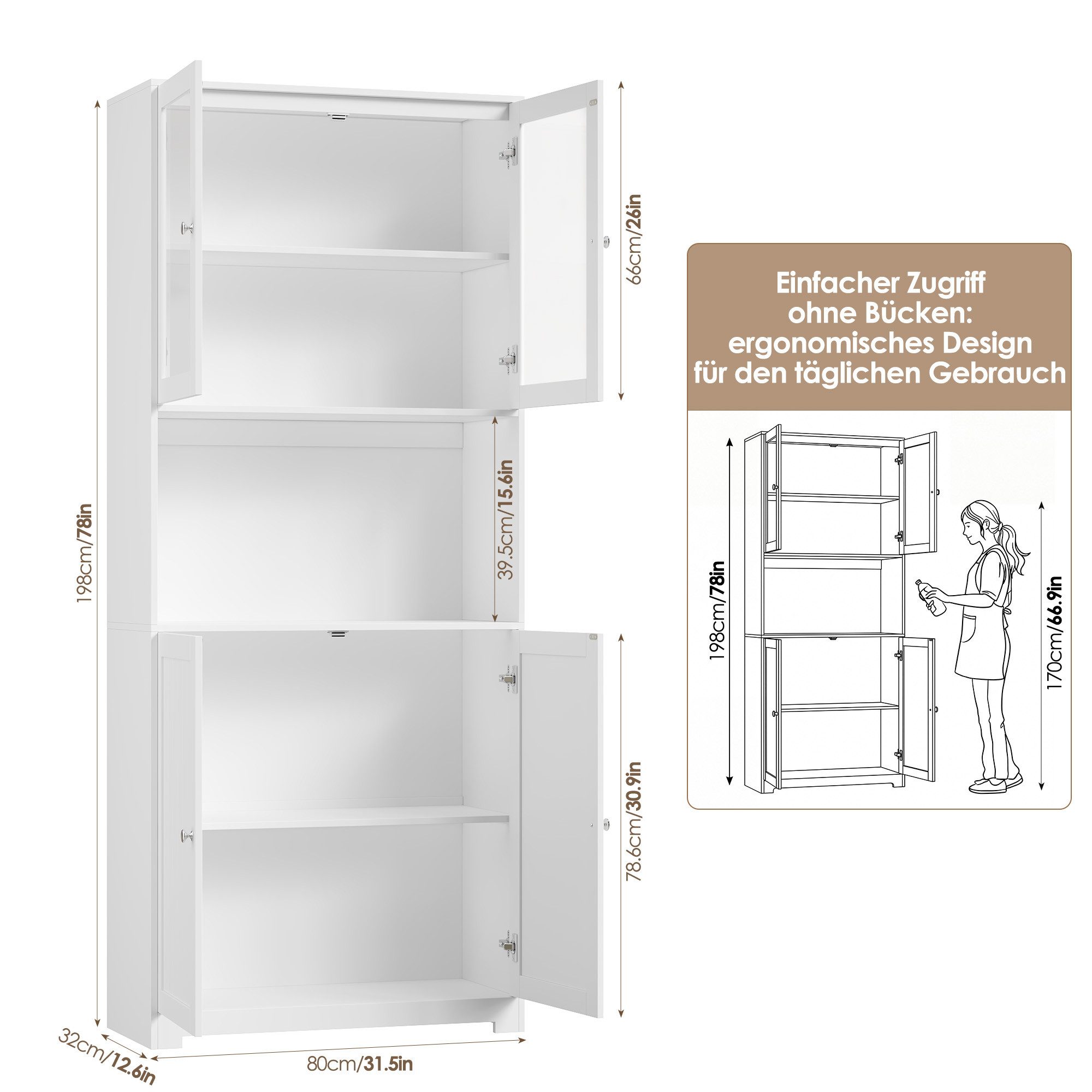 Homfa Vitrine Vitrinenschrank Buffetschrank Bücherregal mit Türen Küchenbuffet mit Arbeitsplatte, 80 x 32 x 198 cm – Bild 3 von 5