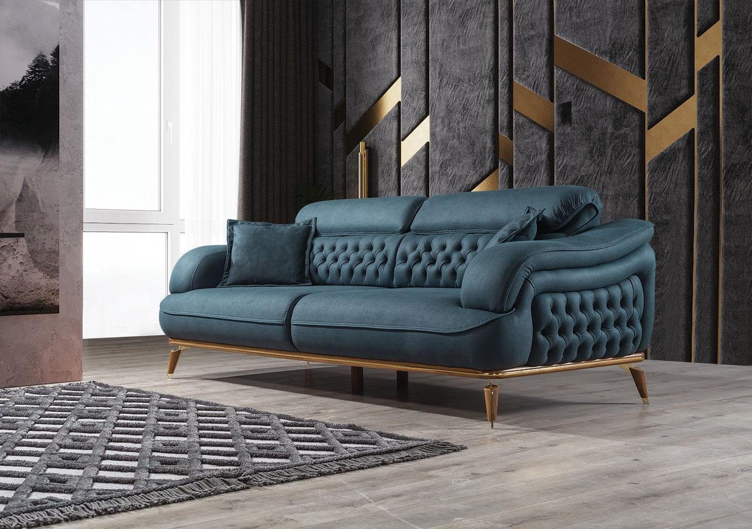 JVmoebel Sofa Wohnzimmer Sofa 3 Sitzer Couch Möbel Holz Blau Polster Möbel Sofa Neu, 1 Teile, Made in Europa
