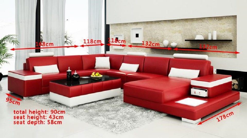 Ledersofa Form Ecksofa Designer JVmoebel U Wohnlandschaft Ecksofa, Rot/Weiß Polster Couch Sofa