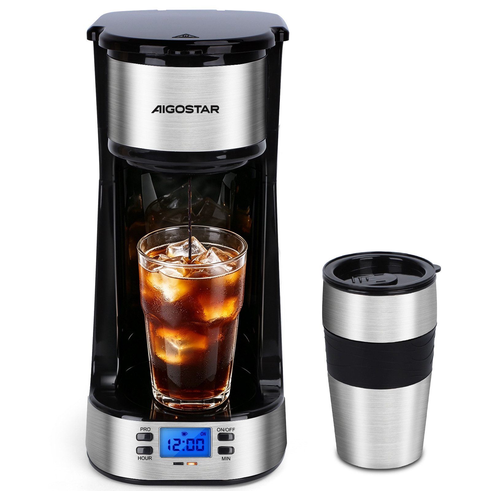 Aigostar Filterkaffeemaschine Kaffeemaschine mit Thermobecher 420ml, Abnehmbarer Filter, 750W, Mit 24h-Timer, LCD-Anzeige, AutoClean-Funktion