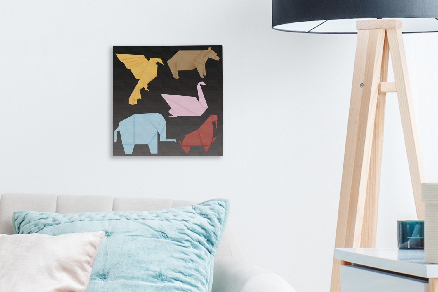OneMillionCanvasses® Leinwandbild Eine Illustration verschiedener Schlafzimmer Leinwand (1 St), für Wohnzimmer gefaltet Tiere, im Origami-Stil, Bilder