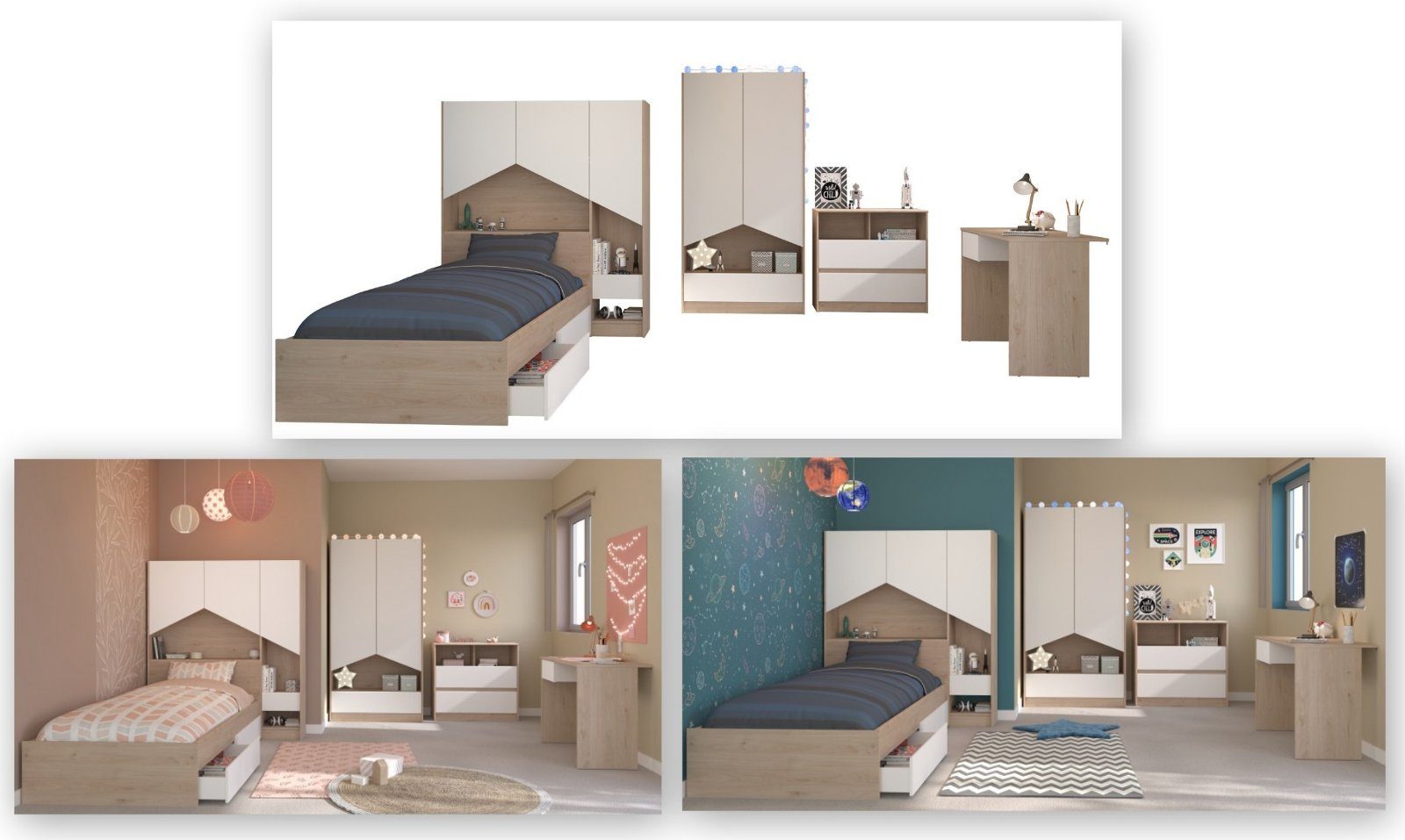 Shelter, Jugendzimmer-Set weiß Eiche, Parisot (Kinderzimmer mit 7-teilig), viel und Komplett-Set Stauraum in