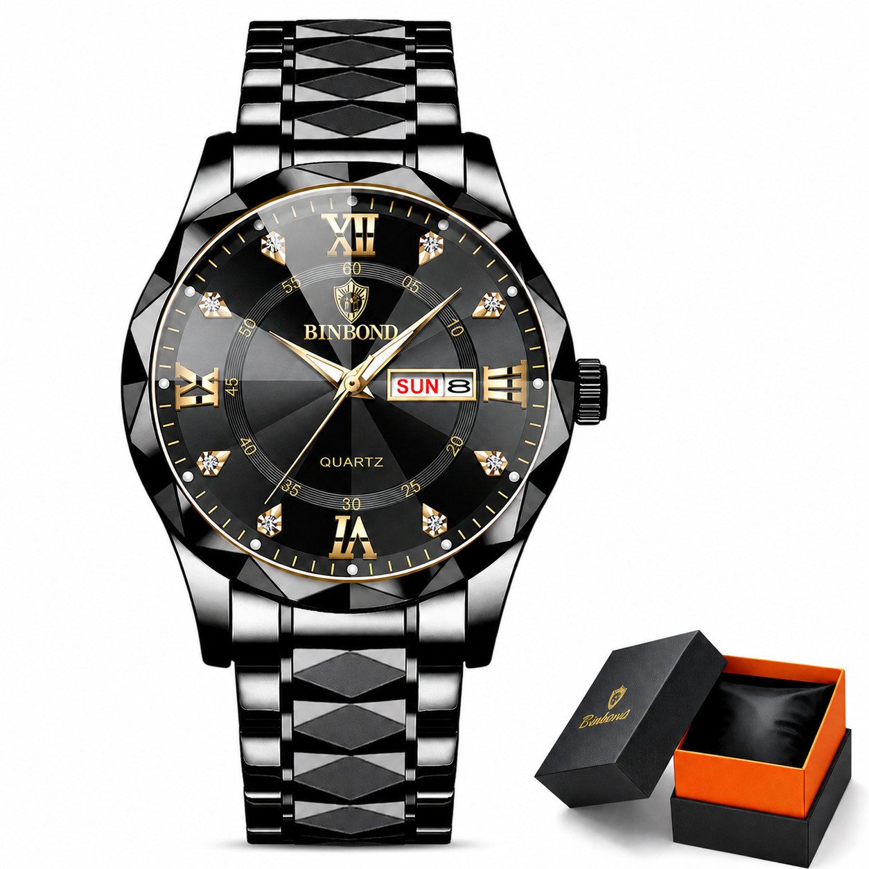 ibettertec Quarzuhr Herrenuhr Edelstahl, Multifunktionsuhr Herren mit Wochentags, (und Datumsanzeige, römischen Ziffern), Leuchtfunktion, 3 ATM, schwarzem Edelstahlarmband, Geschenkbox