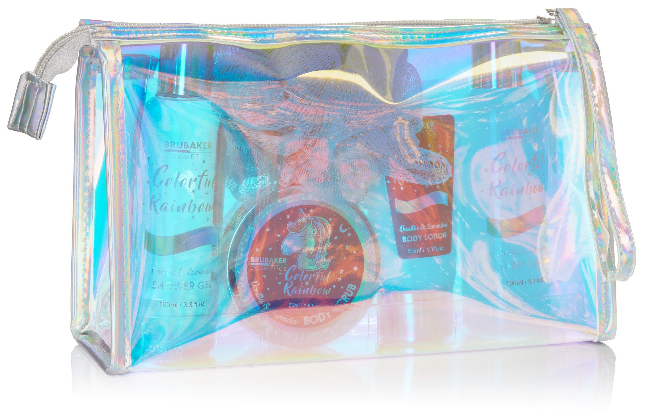 BRUBAKER Hautreinigungs-Set Geschenkset für Set mit Kosmetiktasche, 6-tlg., Pflegeset, und Dusch- Frauen, in Vanille Badeset Einhorn Lavendel Wellness Duft