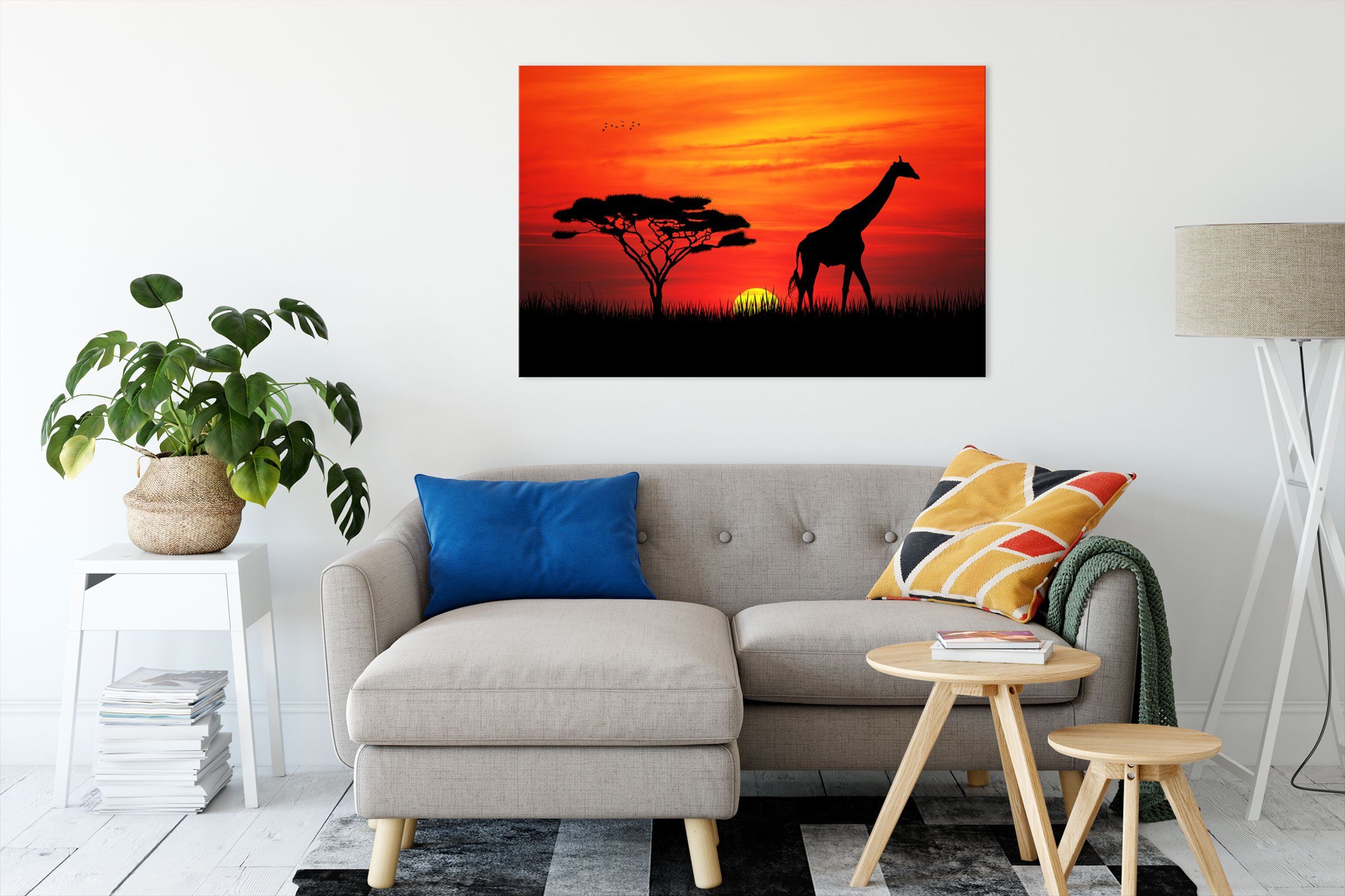 Giraffe Giraffe fertig im Leinwandbild Zackenaufhänger Sonnenuntergang, im bespannt, Sonnenuntergang (1 Pixxprint Leinwandbild inkl. St),