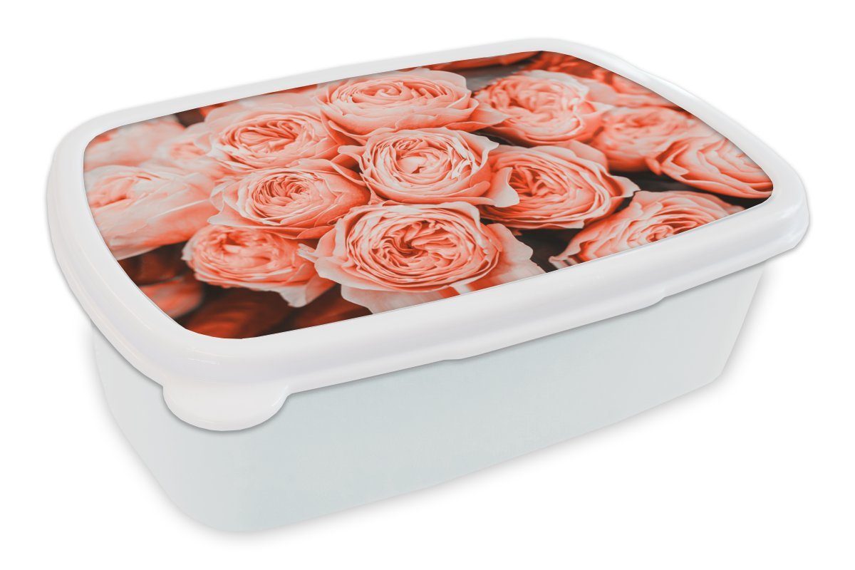 MuchoWow Lunchbox Rosen - Blumenstrauß - Rosa, Kunststoff, (2-tlg), Brotbox für Kinder und Erwachsene, Brotdose, für Jungs und Mädchen weiß