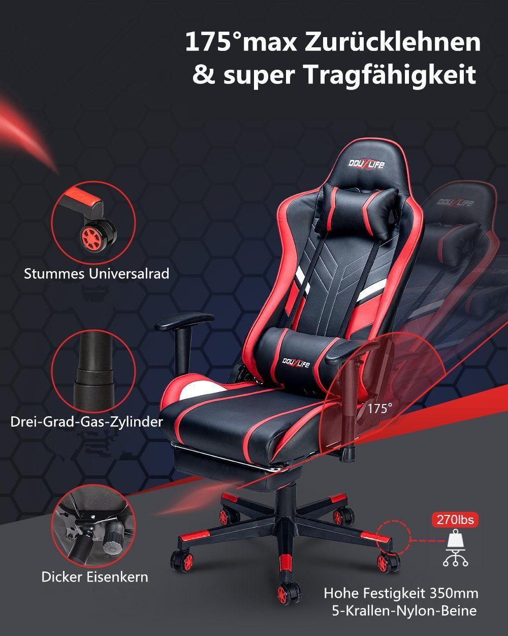 Douxlife Gaming-Stuhl (Ergonomischer Gaming mit Sessel Höhenverstellbar, Massagefunktion), 4 Massagemodi, Max150kg