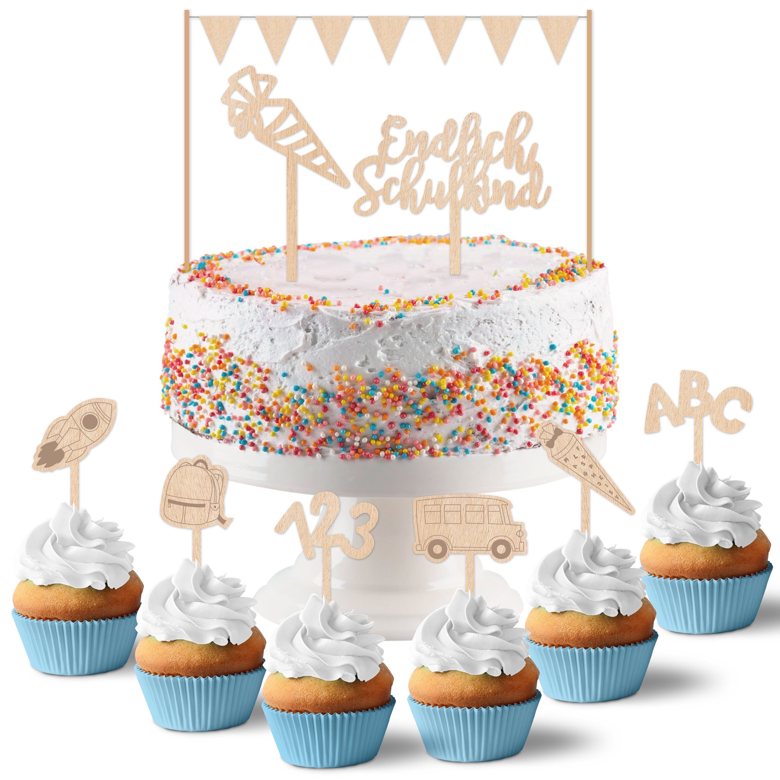 PAPIERDRACHEN Tortenstecker Kuchenstecker aus Holz zur Einschulung, Einschulung - Erste Klasse - Einschulungsparty