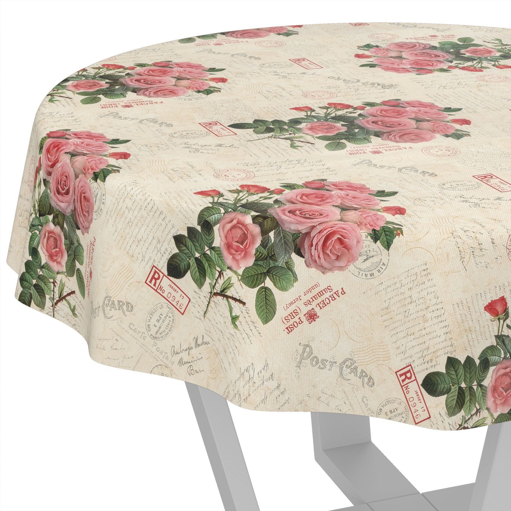 ANRO Tischdecke Wachstuch abwaschbar Postkarte Rosen Tischwäsche (Einzelstück 1-tlg), wasserabweisend pflegeleicht Shabby Chic Beige Rund 120cm