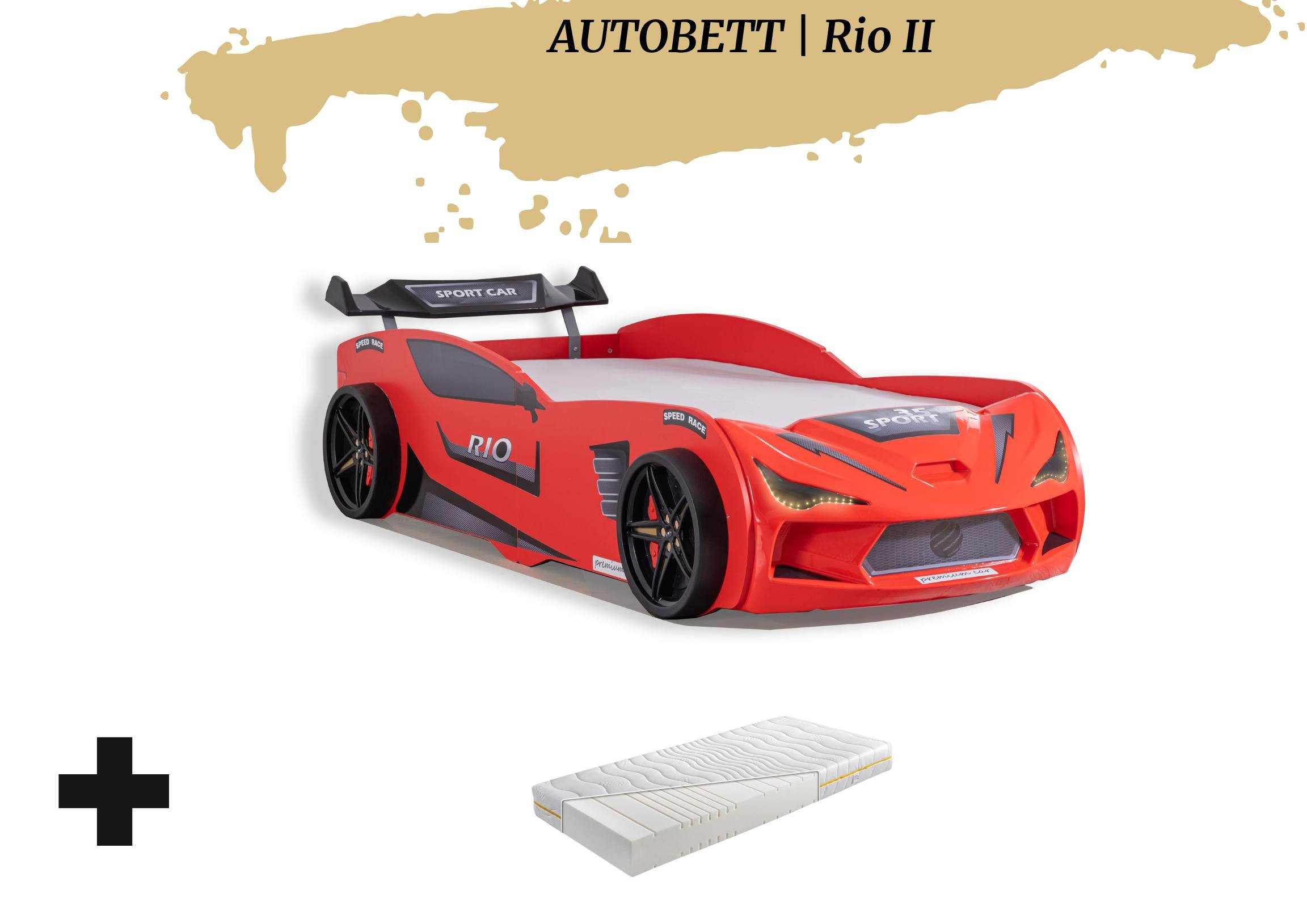 Aileenstore Autobett Rio II (2 teilig), Kinderbett 90 x 200 cm, inkl. Lattenrost, Heckspoiler LED-Beleuchtung