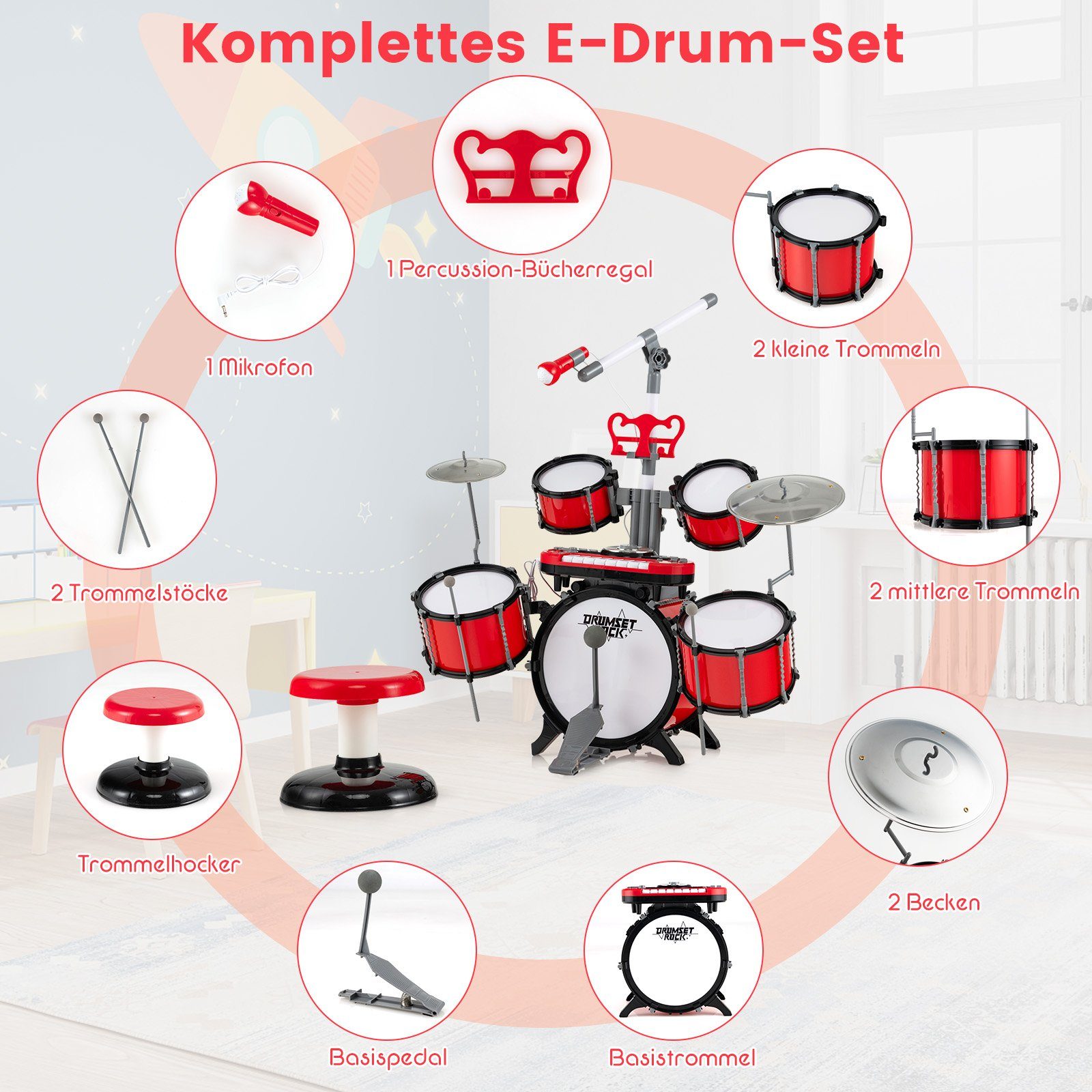 COSTWAY Kinderschlagzeug Drum, mit Keyboard&Hocker&Mikrofon¬enständer