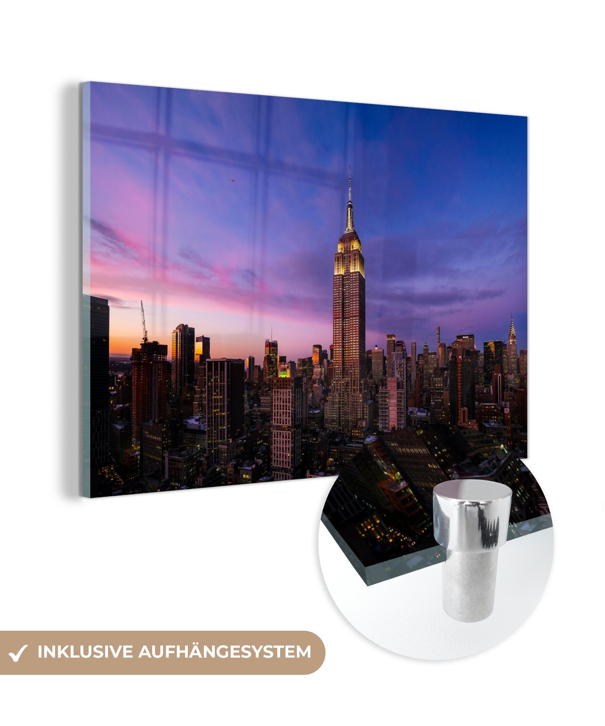 MuchoWow Acrylglasbild Schöner Blick auf das Empire State Building am Abend, (1 St), Acrylglasbilder Wohnzimmer & Schlafzimmer