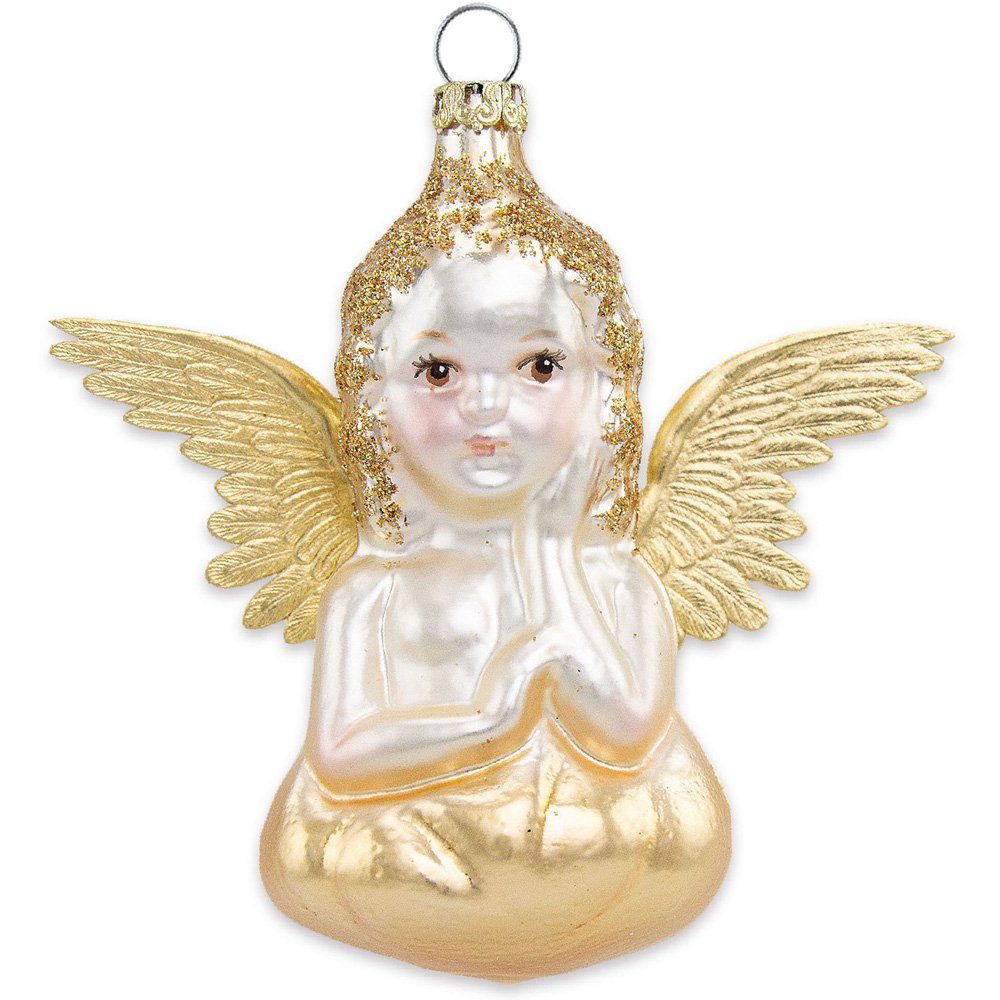 Thüringer Glasdesign Christbaumschmuck Engel 5 und 10 cm (2 Stück) - Gold, Weihnachtsbaum Anhänger (2-tlg), Mundgeblasen