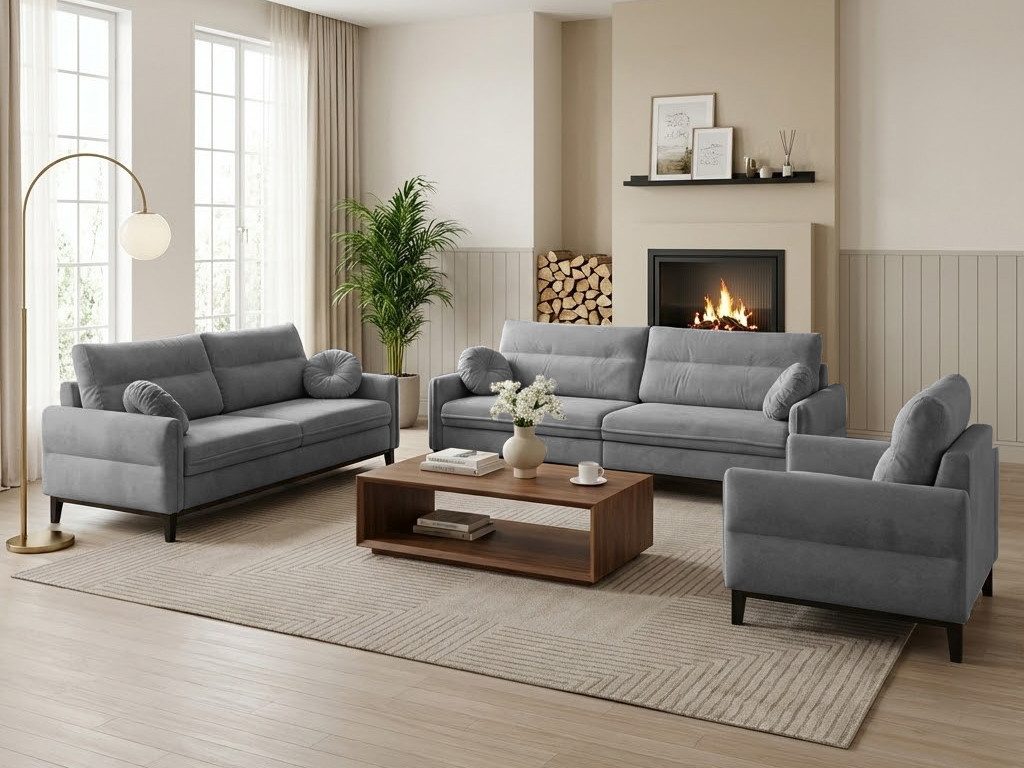 Beautysofa Polstergarnitur BELWEDER, (Velours oder Bouclé-Stoff, hoher Komfort, zeitloses Design), Sitzgruppe 3-Sitzer, 2-Sitzer & Sessel