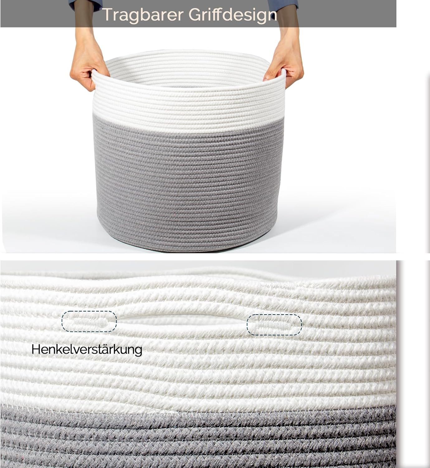 Zedelmaier Wäschekorb aus Baumwolle mit Griffen, Aufbewahrungskorb Geflochten, Korb Aufbewahrung für decken, spielzeug, kuscheltier,Kleidung