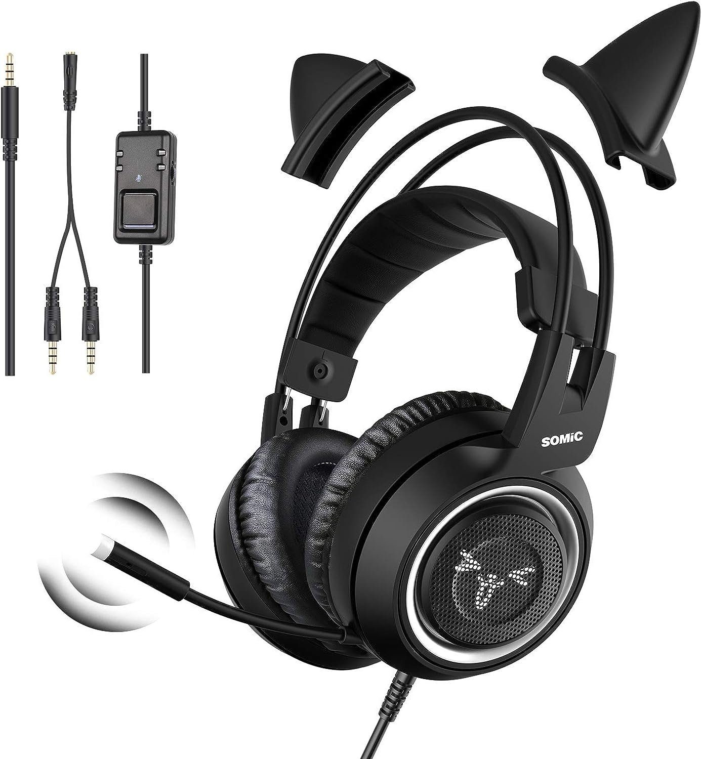 Somic G951S Gaming-Headset (Abnehmbares Inline-Steuerung, Männer Mikrofon Gaming-Headset mit 3,5-mm-Kabel) mit und für Geräuschunterdrückung Katzenohr-Headset mit Jungen und und Stereo-Surround-Sound
