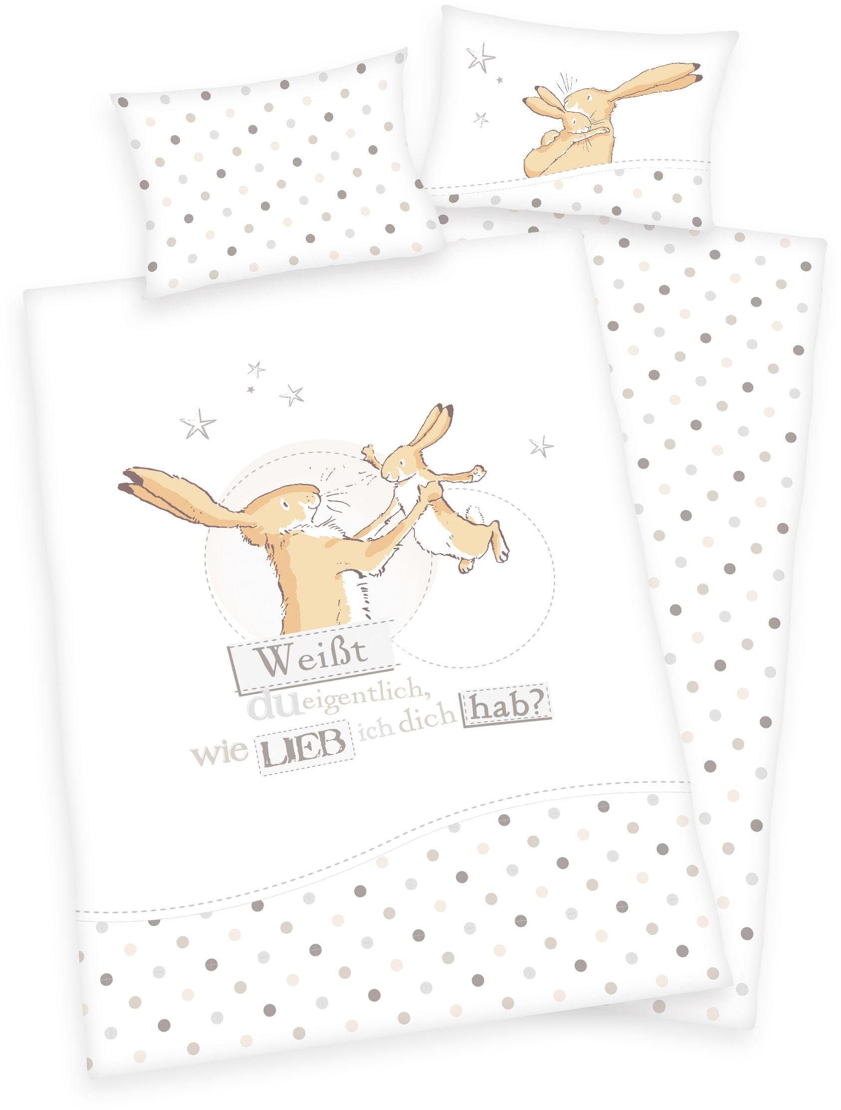 Babybettwäsche Weißt du eigentlich wie lieb ich dich hab?, Renforcé, mit Punkten und Hasen