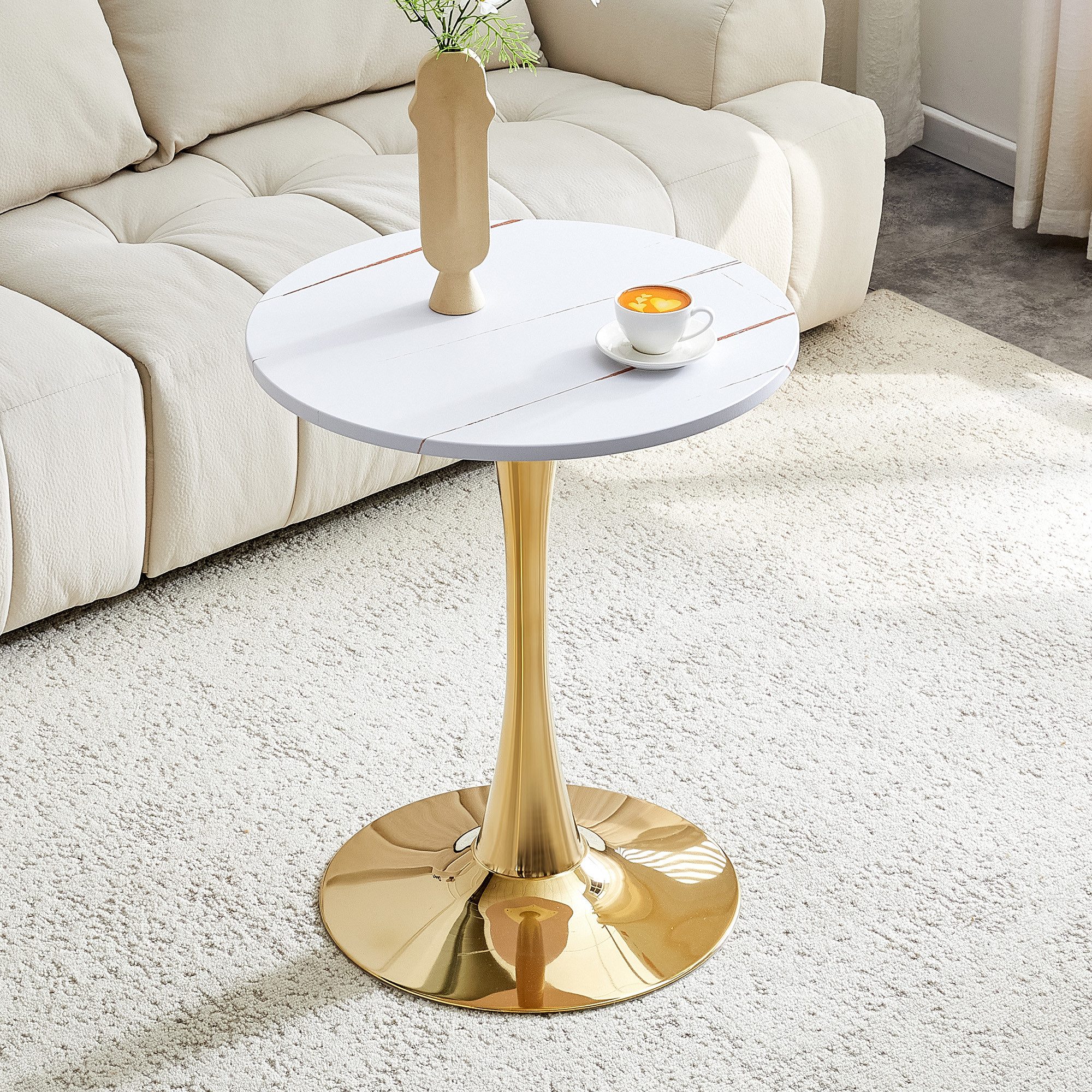 HAUSS SPOLE Couchtisch Runder Marmoroptik, Beistelltisch Sofatisch Goldener Wohnzimmertisch (Kaffetisch mit Großzügiger Beinfreiraum, Rutschfeste, schützende Füßchen), perfekt für europäische Wohnräume