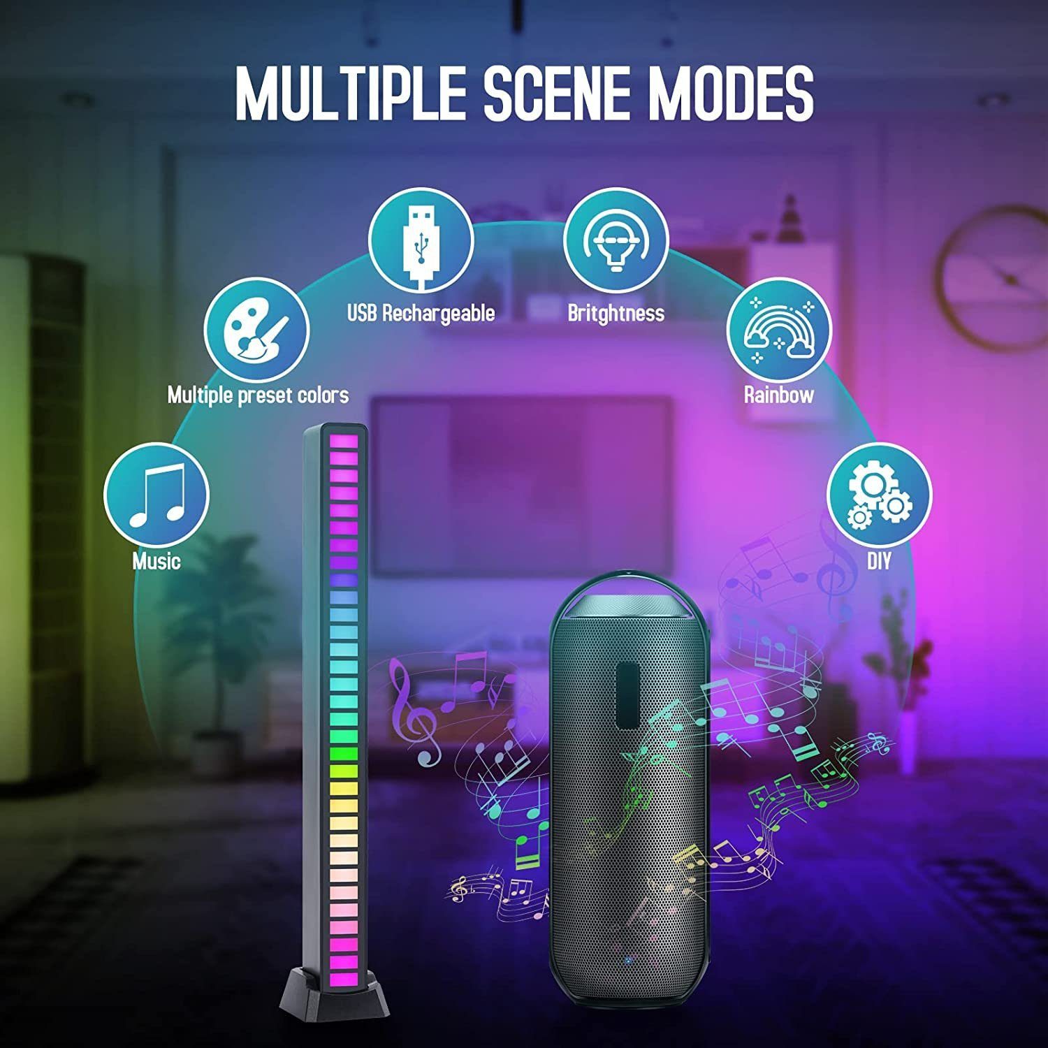 feinlux Lichtleiste Rhythm Light Atmosphere RGB Musik Licht, LED fest integriert, Farbwechsler, für Auto/Schreibtisch/Spiele/Outdoor-Partys/Umgebungslicht 2 St.