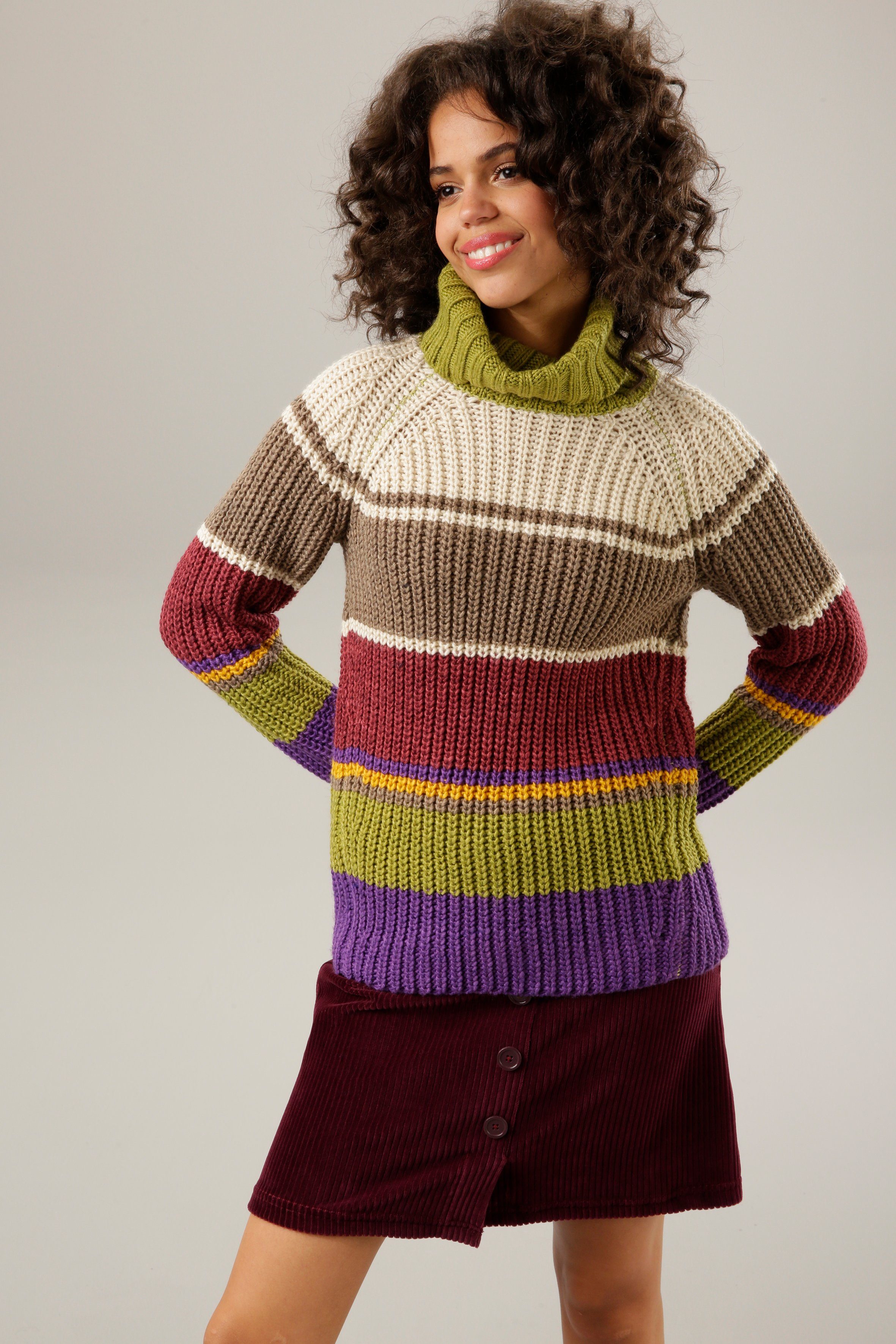 Aniston CASUAL Strickpullover im farbharmonischem Streifen-Dessin moosgrün-sand-taupe-bordeaux-dunkelgelb-lila