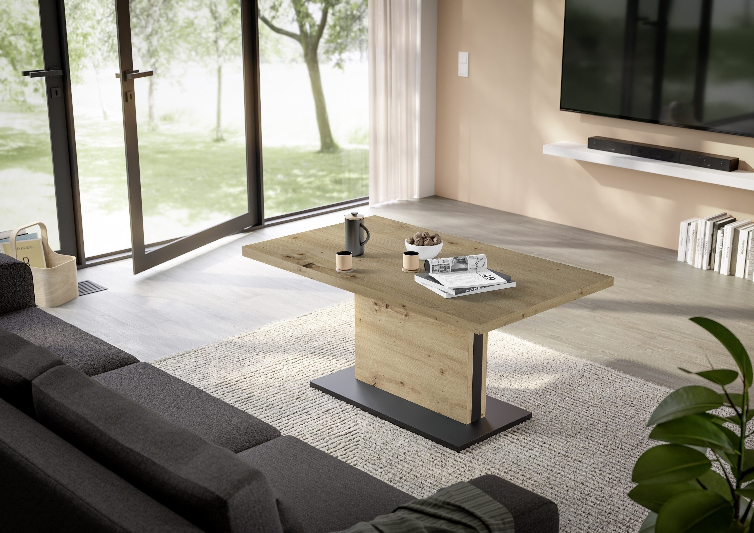 freiraum Couchtisch Lift, höhenverstellbar, Asteiche Dekor / schwarz - 120x49/68x70cm (BxHxT)