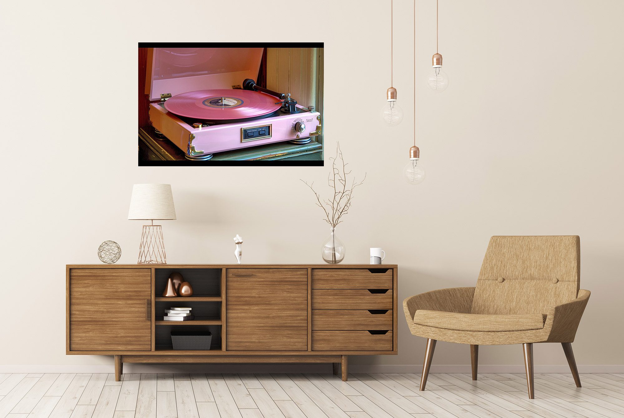 islandburner Poster, Rosa Schallplattenspieler mit Vinyl in Vintage Optik günstig online kaufen